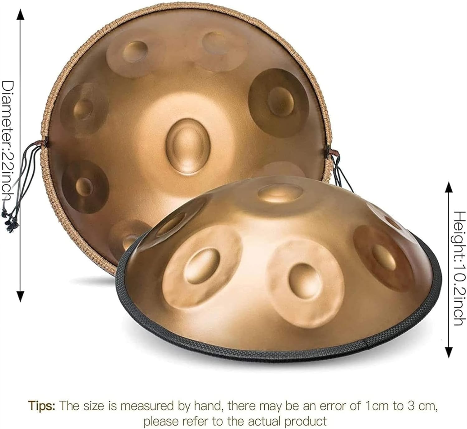 Imagen de Instrumento de tambor Handpan, tambor de acero de 22 pulgadas en re menor, 9 notas 440 Hz percusión instrumentos musicales juego de batería de mano, hecho a mano,con soporte de mazo de bolsa -oro