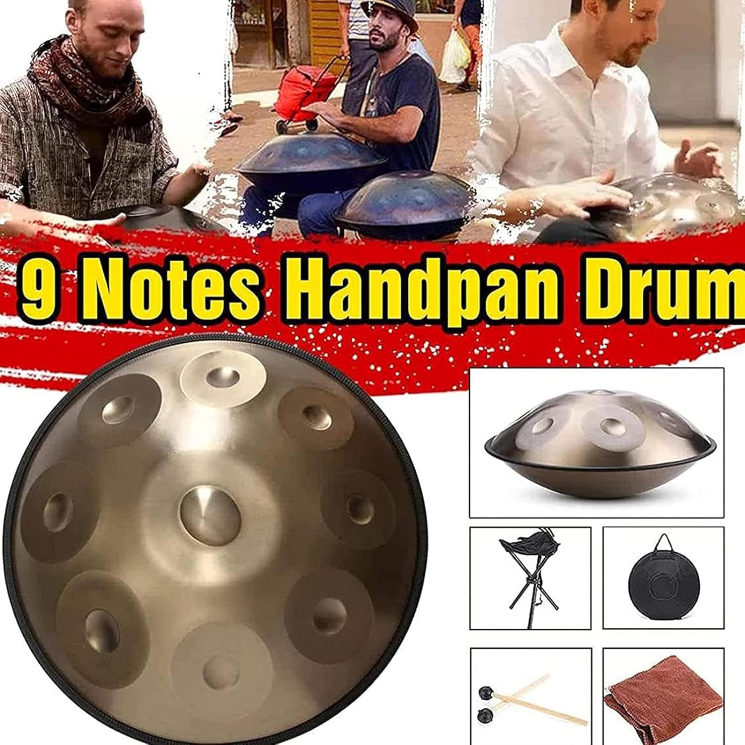 Imagen de Instrumento de tambor Handpan, tambor de acero de 22 pulgadas en re menor, 9 notas 440 Hz percusión instrumentos musicales juego de batería de mano, hecho a mano,con soporte de mazo de bolsa -oro