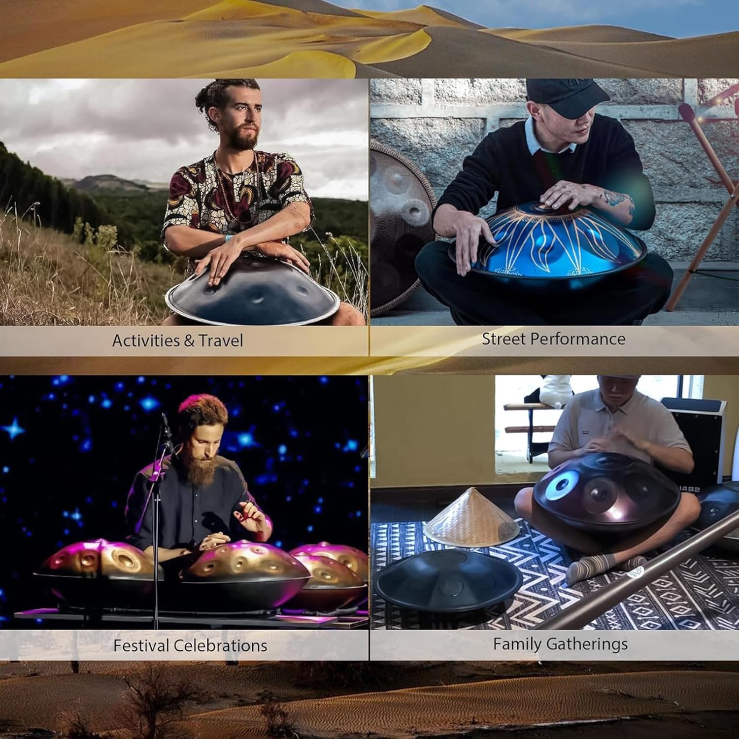 Imagen de Instrumento de tambor Handpan, tambor de acero de 22 pulgadas en re menor, 9 notas 440 Hz percusión instrumentos musicales juego de batería de mano, hecho a mano,con soporte de mazo de bolsa -oro