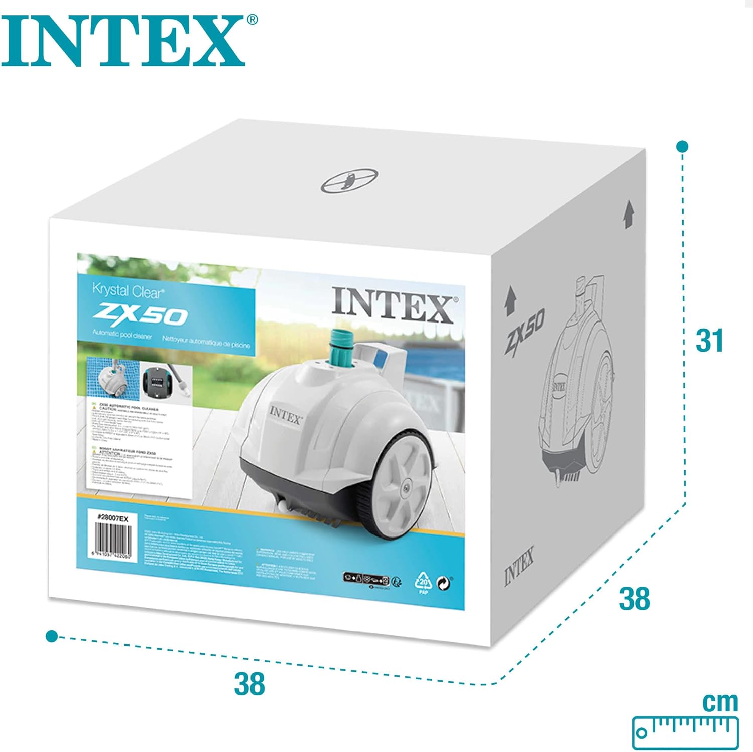 Imagen de Intex 55251 - Robot limpiafondos piscina Krystal Clear ZX50, Limpiador fondo piscina automático, Manguera 6.5m antienrredos, recipiente para desechos 0,8L y giro automático, Limpiafondos piscina