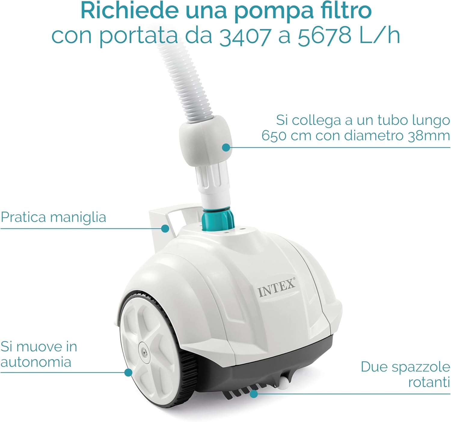 Imagen de Intex 55251 - Robot limpiafondos piscina Krystal Clear ZX50, Limpiador fondo piscina automático, Manguera 6.5m antienrredos, recipiente para desechos 0,8L y giro automático, Limpiafondos piscina