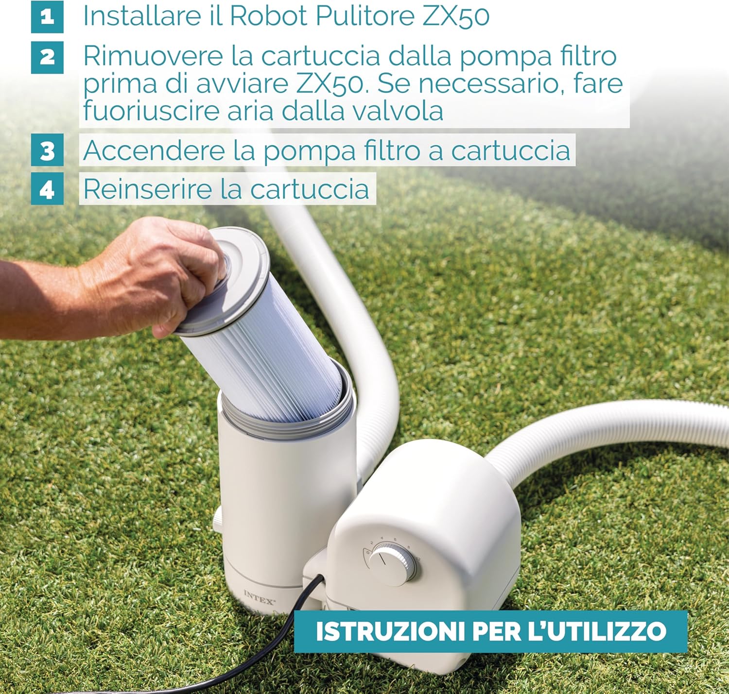 Imagen de Intex 55251 - Robot limpiafondos piscina Krystal Clear ZX50, Limpiador fondo piscina automático, Manguera 6.5m antienrredos, recipiente para desechos 0,8L y giro automático, Limpiafondos piscina