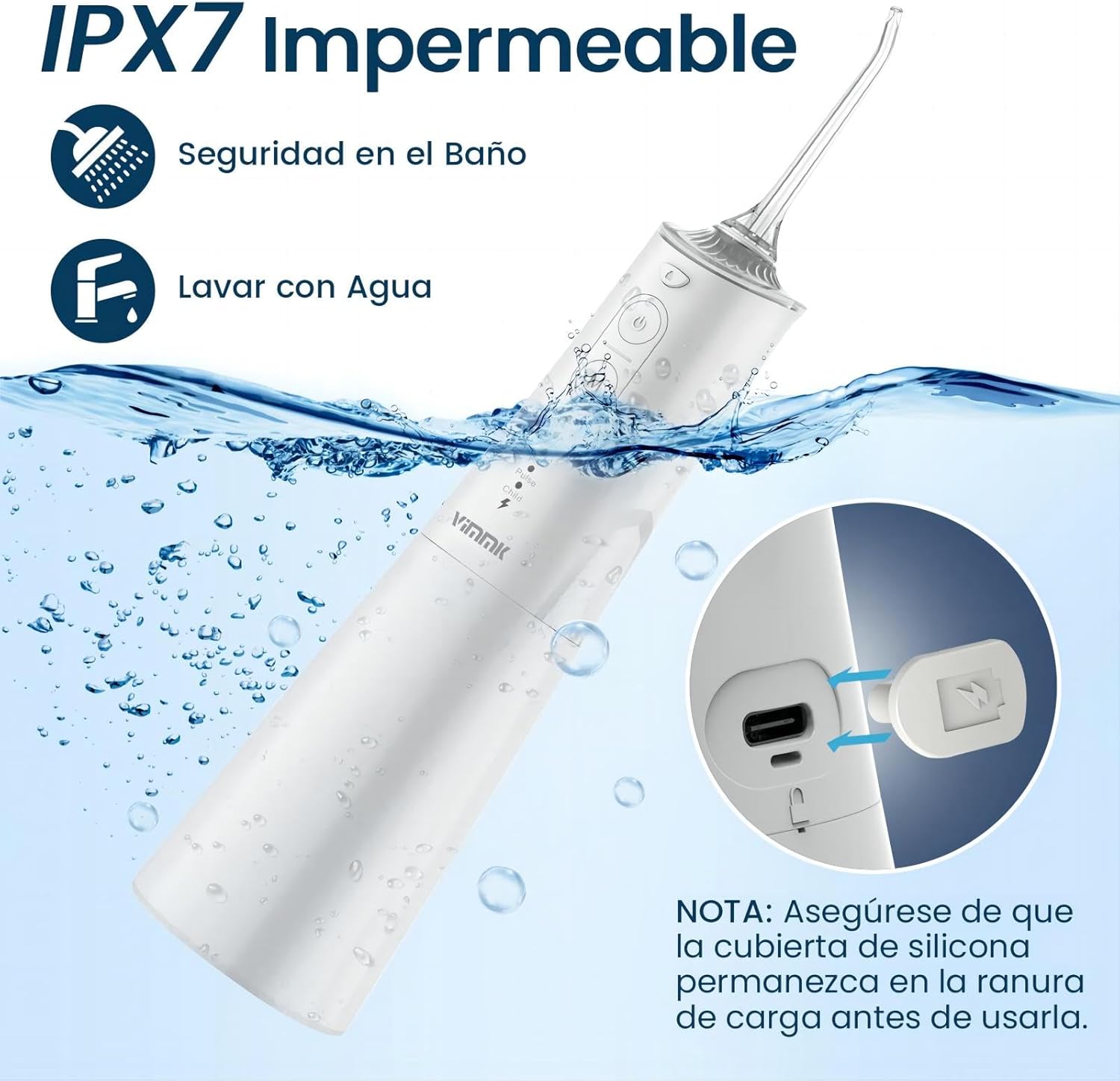 Imagen de Irrigador Bucal Portatil, Vimmk Irrigador Dental Inalámbrico Profesional 8 Boquillas 5 Modos, IPX7 Impermeable 300ML USB-C Recargable Para Limpieza Dientes, Para el Hogar y los Viajes (Blanco)