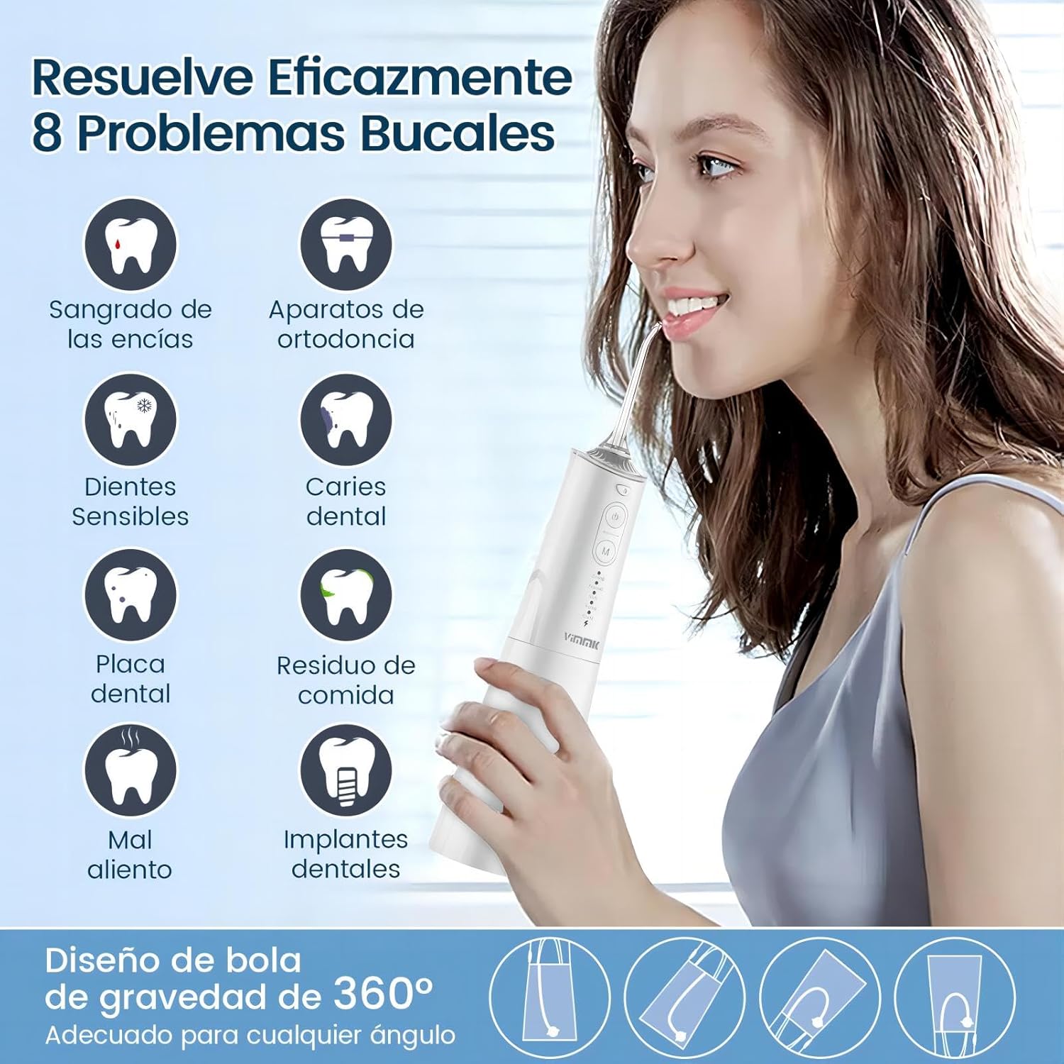 Imagen de Irrigador Bucal Portatil, Vimmk Irrigador Dental Inalámbrico Profesional 8 Boquillas 5 Modos, IPX7 Impermeable 300ML USB-C Recargable Para Limpieza Dientes, Para el Hogar y los Viajes (Blanco)
