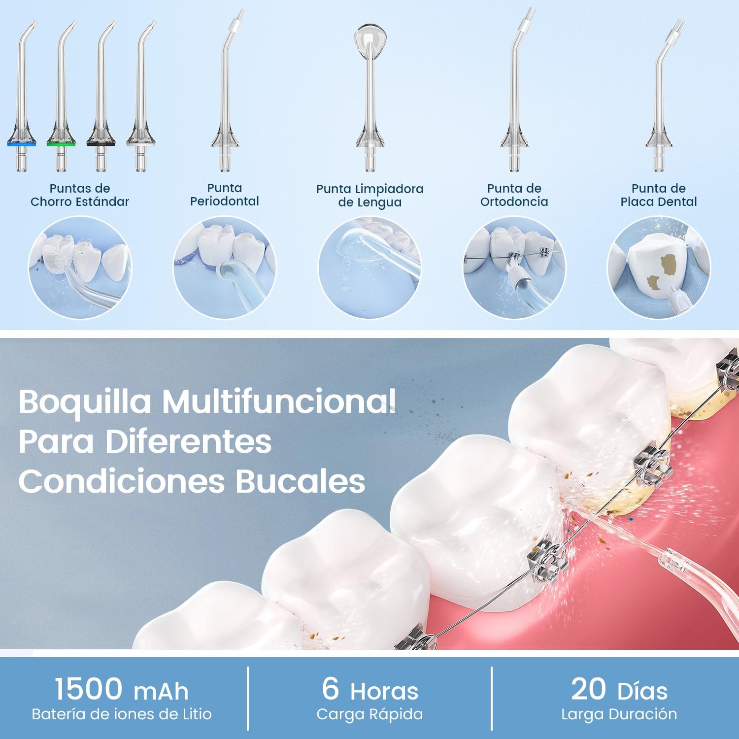 Imagen de Irrigador Bucal Portatil, Vimmk Irrigador Dental Inalámbrico Profesional 8 Boquillas 5 Modos, IPX7 Impermeable 300ML USB-C Recargable Para Limpieza Dientes, Para el Hogar y los Viajes (Blanco)