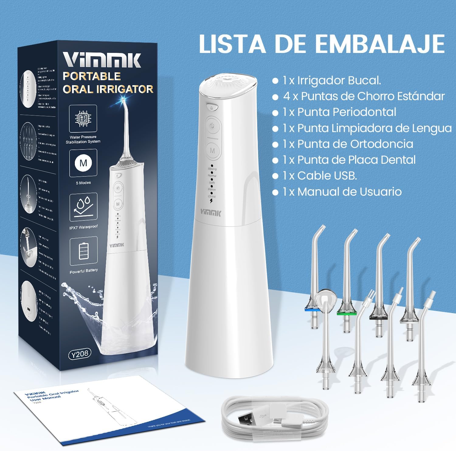 Imagen de Irrigador Bucal Portatil, Vimmk Irrigador Dental Inalámbrico Profesional 8 Boquillas 5 Modos, IPX7 Impermeable 300ML USB-C Recargable Para Limpieza Dientes, Para el Hogar y los Viajes (Blanco)