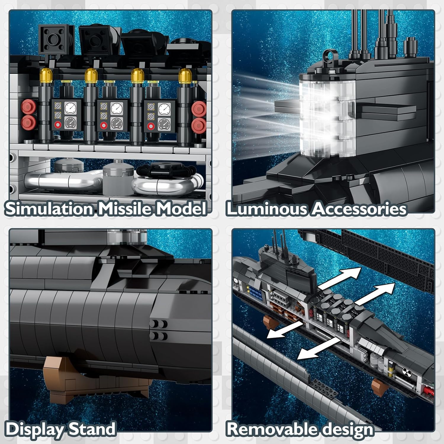 Imagen de JMBricklayer Juegos de bloques de construcción de submarinos nucleares, kits de submarinos militares con luces, historia de la Segunda Guerra Mundial coleccionables, decoración de habitación del