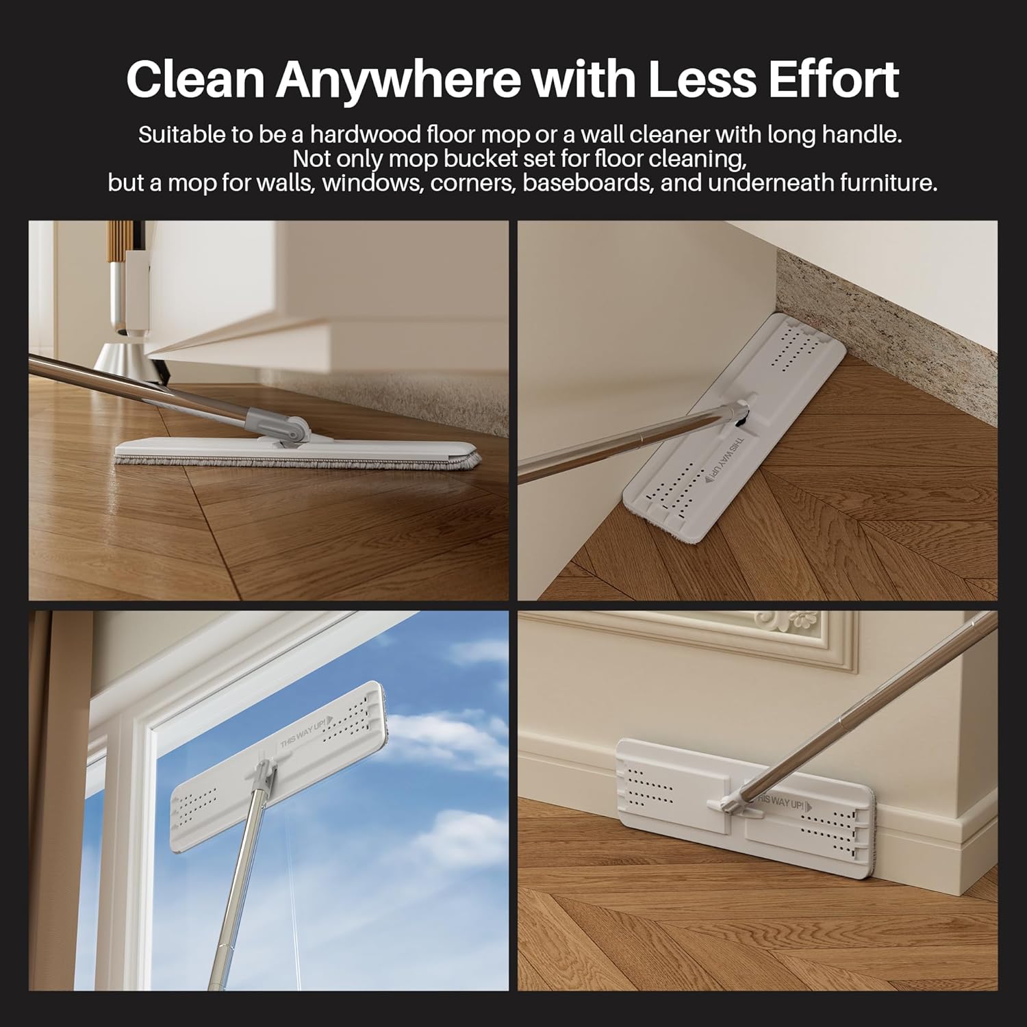 Imagen de JOYMOOP Juego de fregona y Cubo con escurridor, fregona Plana Manos Libres y Cubo, con 3 Almohadillas de Microfibra Lavables, Uso en húmedo y seco, Sistema de Limpieza de Suelos