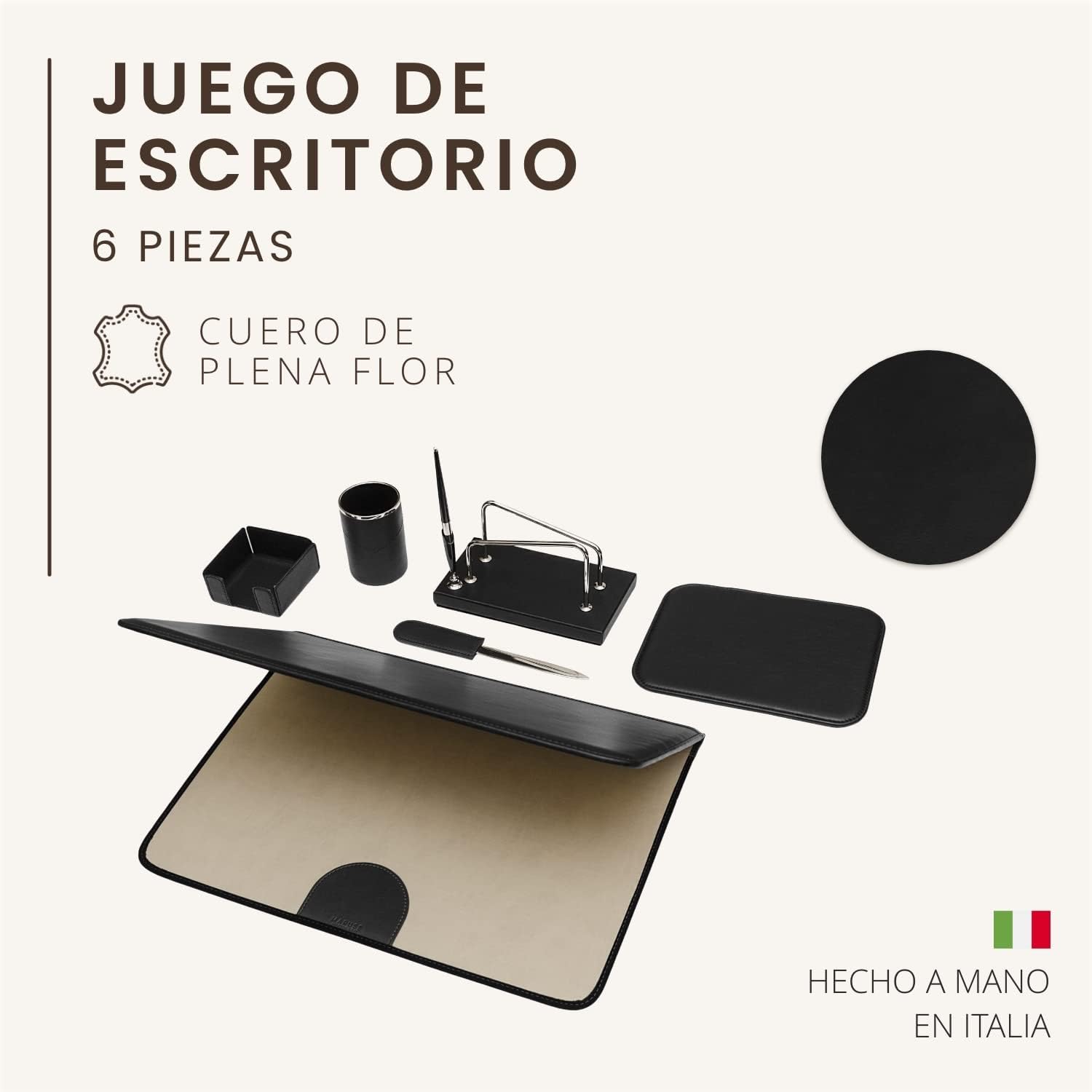 Imagen de Juego de escritorio de 6 piezas - 100% cuero de plena flor - Hecho a mano en Italia por expertos artesanos - Elegante y funcional, ideal para la oficina - Negro