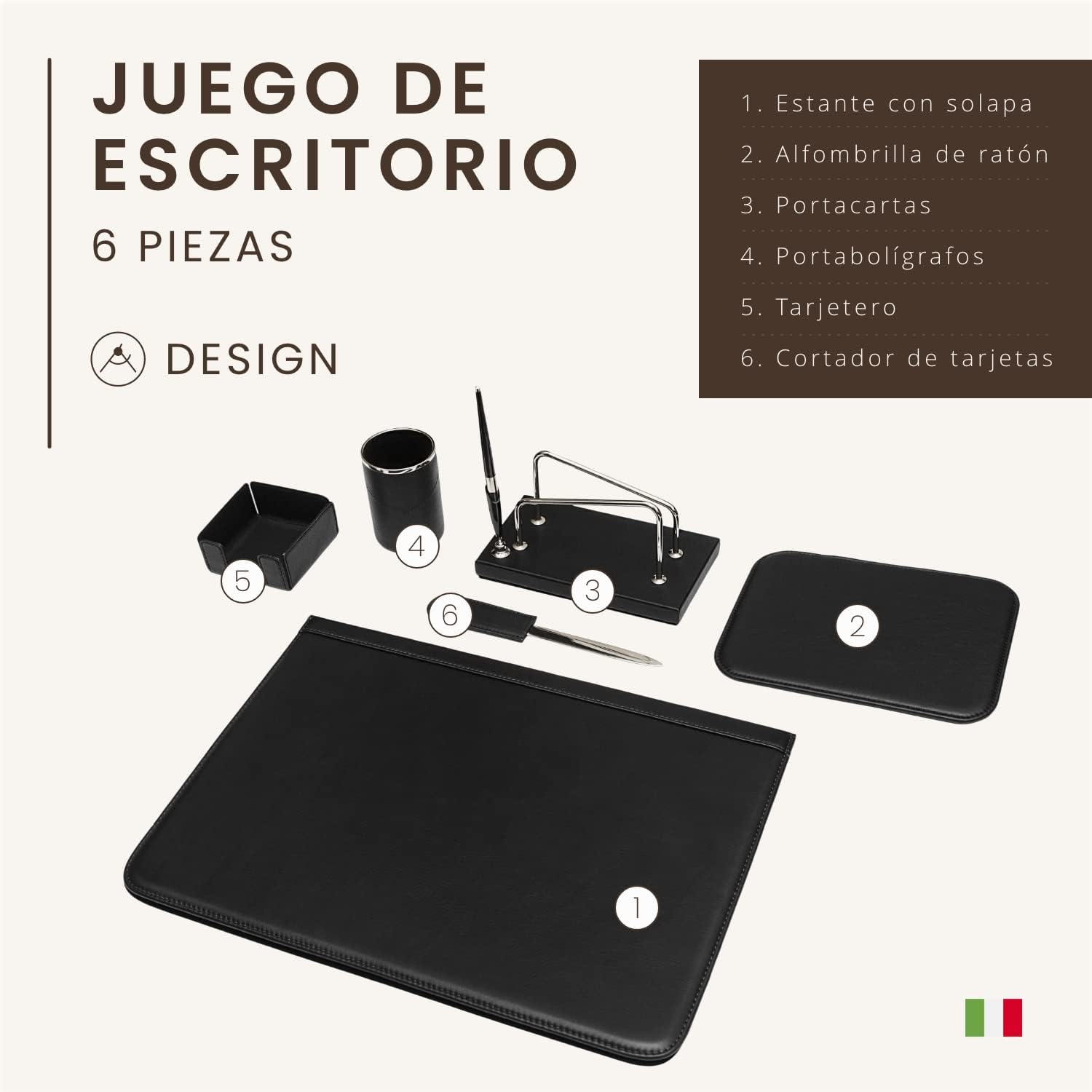 Imagen de Juego de escritorio de 6 piezas - 100% cuero de plena flor - Hecho a mano en Italia por expertos artesanos - Elegante y funcional, ideal para la oficina - Negro