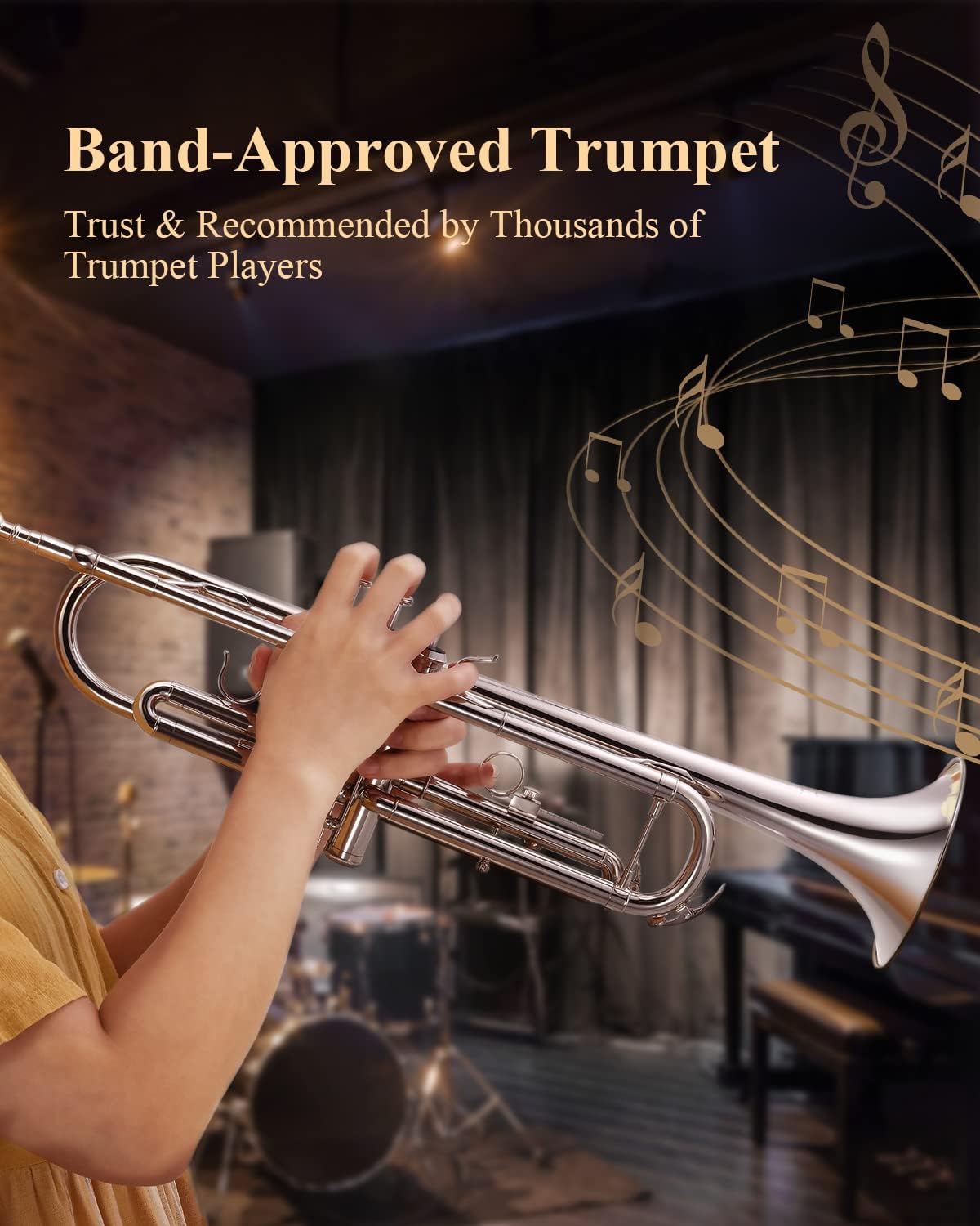 Imagen de Juego de trompeta Eastar Standard en Sib para principiantes, instrumento de viento metal para estudiantes, con estuche rígido, kit de limpieza, boquilla 7C y guantes, ETR-380N, plateado