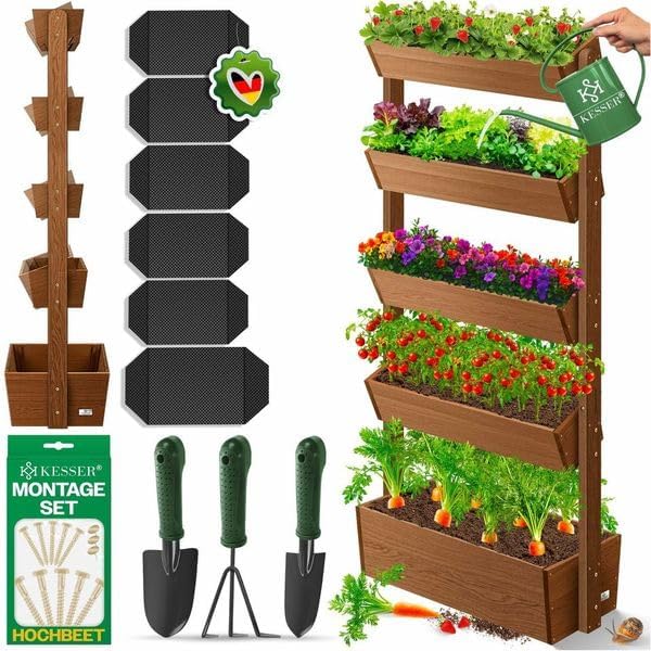 Imagen de KESSER Huerto Elevado con Estanterías Macetero de Flores Escalera de Flores Escalera de Plantas Huerto de Verduras Huerto de Hierbas Maceta de Plantas con Tela de Jardín, Marrón, 5 Niveles