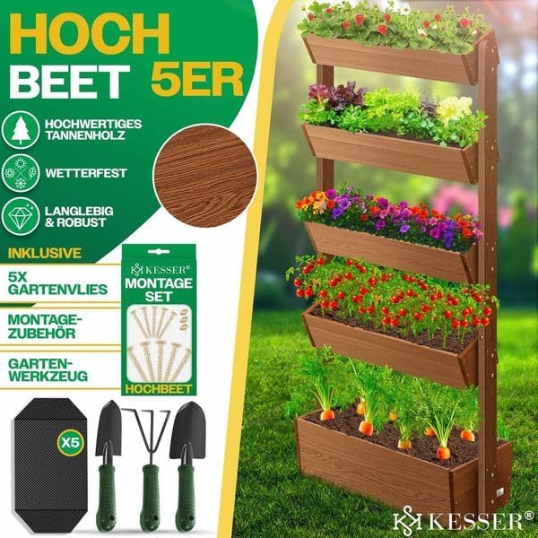 Imagen de KESSER Huerto Elevado con Estanterías Macetero de Flores Escalera de Flores Escalera de Plantas Huerto de Verduras Huerto de Hierbas Maceta de Plantas con Tela de Jardín, Marrón, 5 Niveles