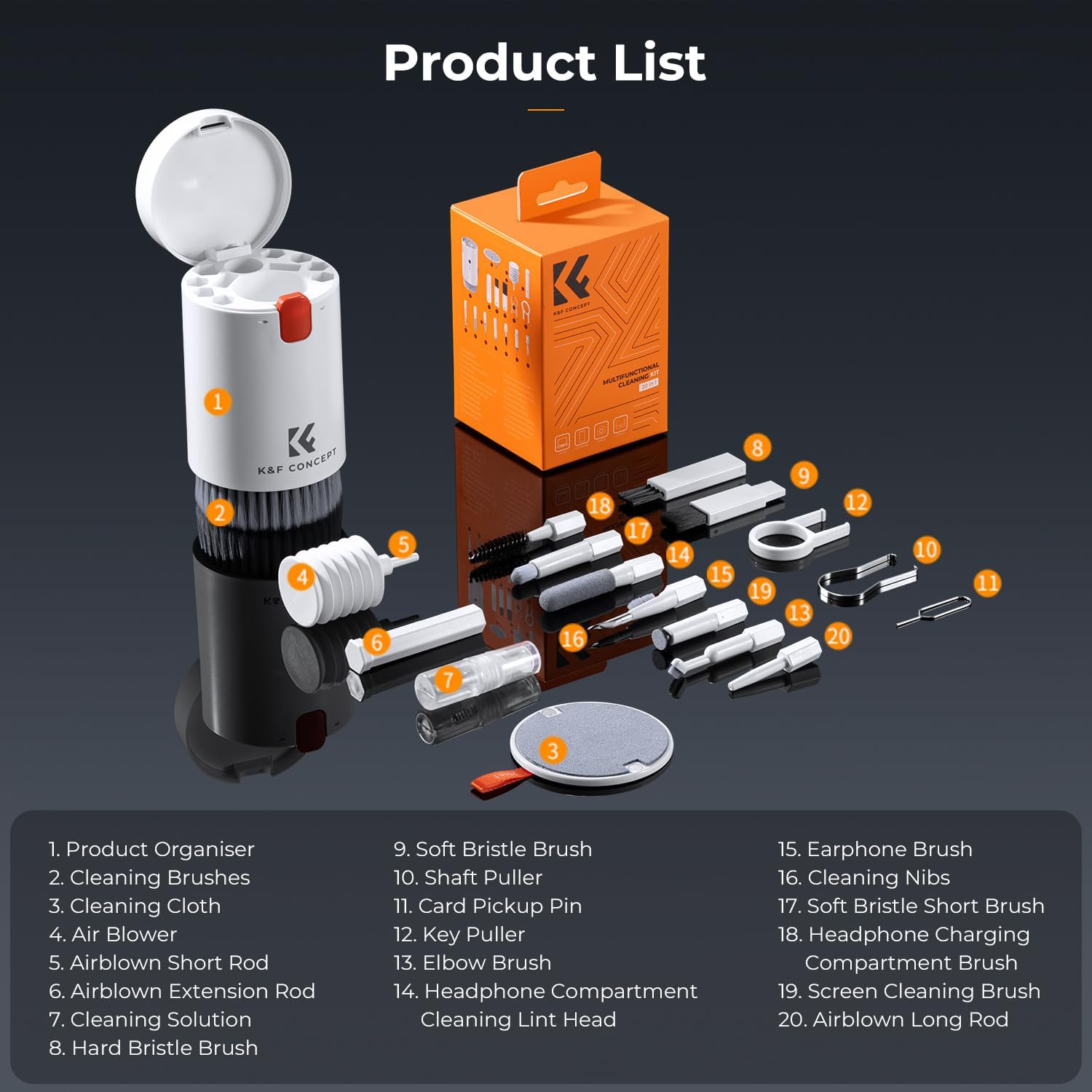 Imagen de K&F CONCEPT 20 en 1 Kit Multifuncional Portátil de Limpieza Electrónica-Limpia Teclado, Pantalla de PC, Teléfono Móvil, Airpods, Lentes, Cámara, Herramientas de Limpieza para Múltiples Circunstancias