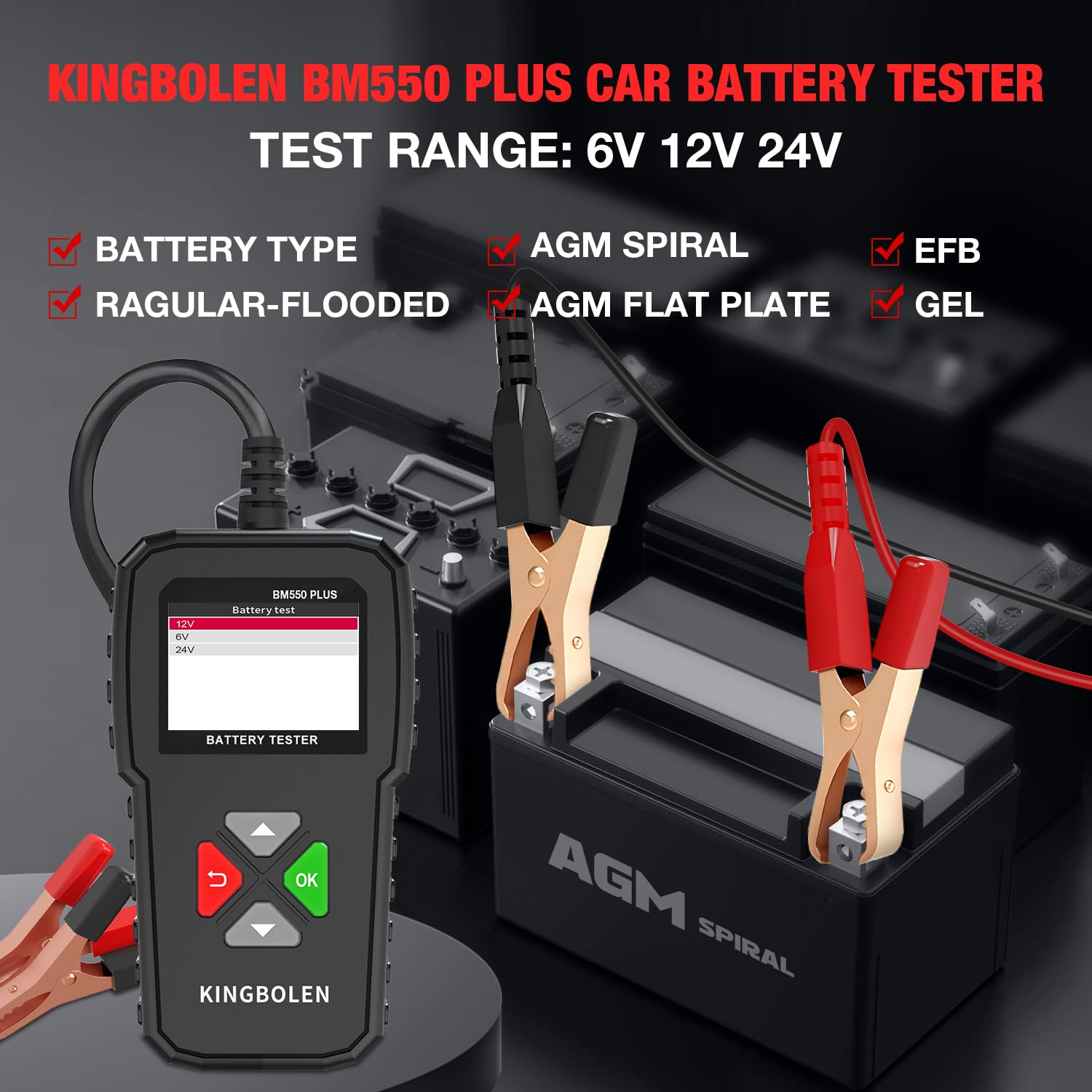 Imagen de KINGBOLEN Comprobador de baterias de coche 24V/12V/6V, BM550 PLUS 2-220Ah 100-2000 CCA Pantalla LED arrancador baterias coches comprobador de pilas para coche apto para automóviles motocicleta ATV SUV