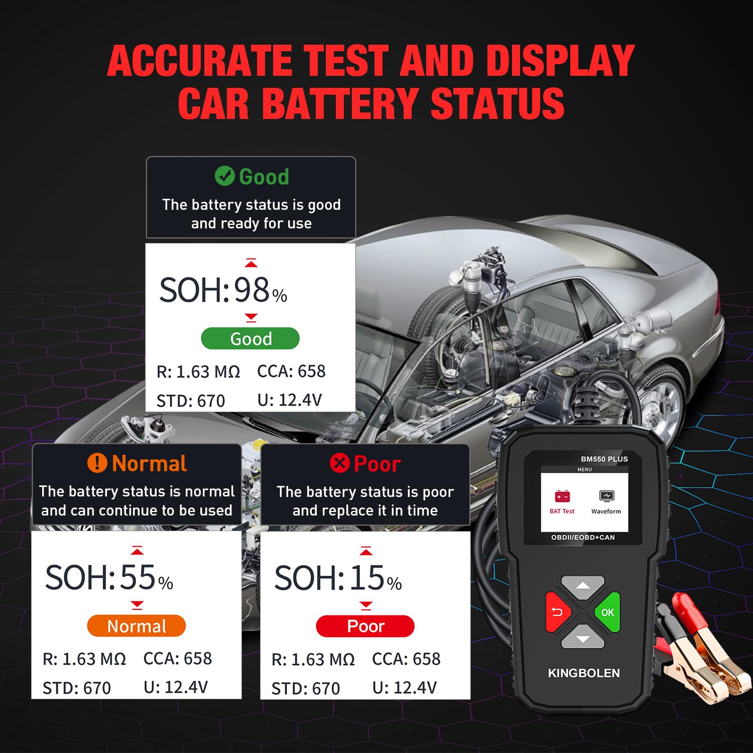 Imagen de KINGBOLEN Comprobador de baterias de coche 24V/12V/6V, BM550 PLUS 2-220Ah 100-2000 CCA Pantalla LED arrancador baterias coches comprobador de pilas para coche apto para automóviles motocicleta ATV SUV