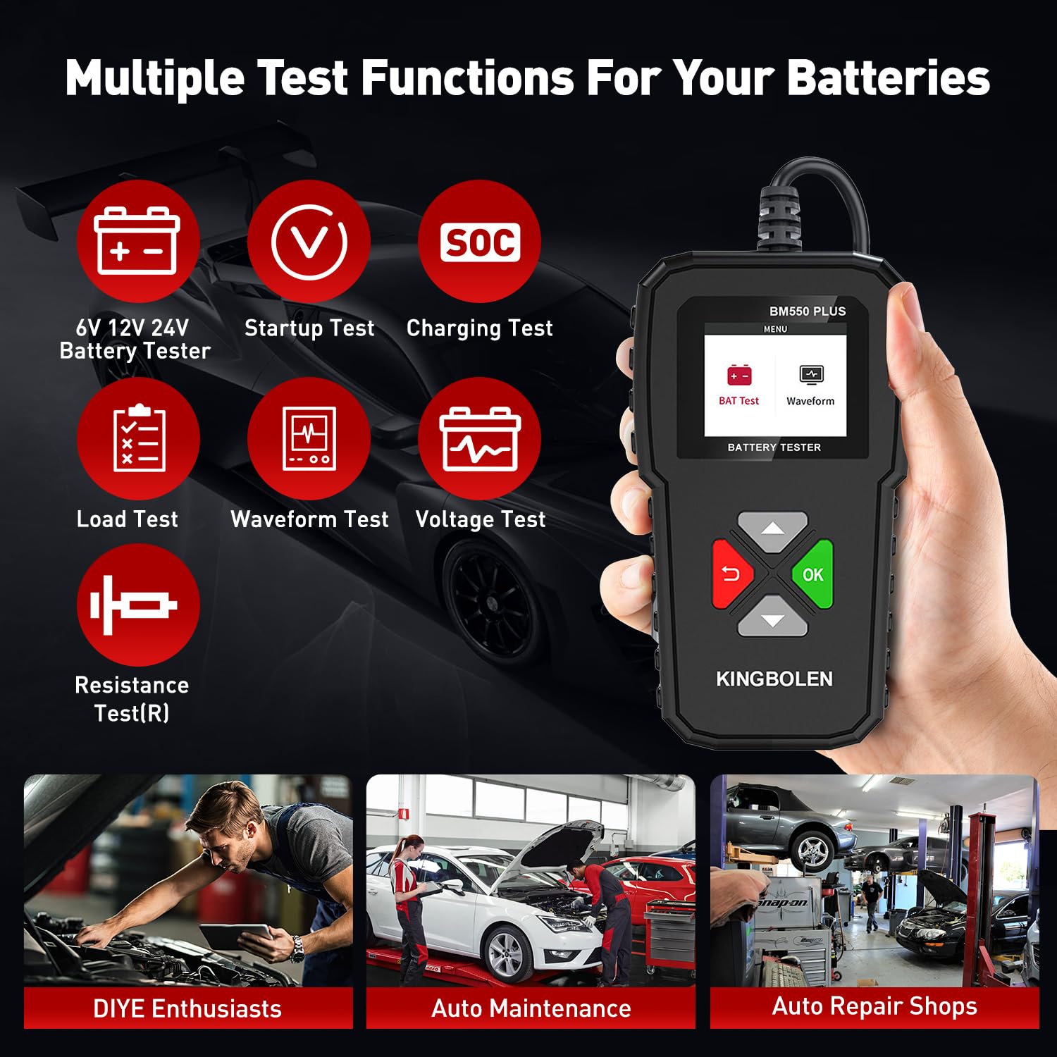 Imagen de KINGBOLEN Comprobador de baterias de coche 24V/12V/6V, BM550 PLUS 2-220Ah 100-2000 CCA Pantalla LED arrancador baterias coches comprobador de pilas para coche apto para automóviles motocicleta ATV SUV