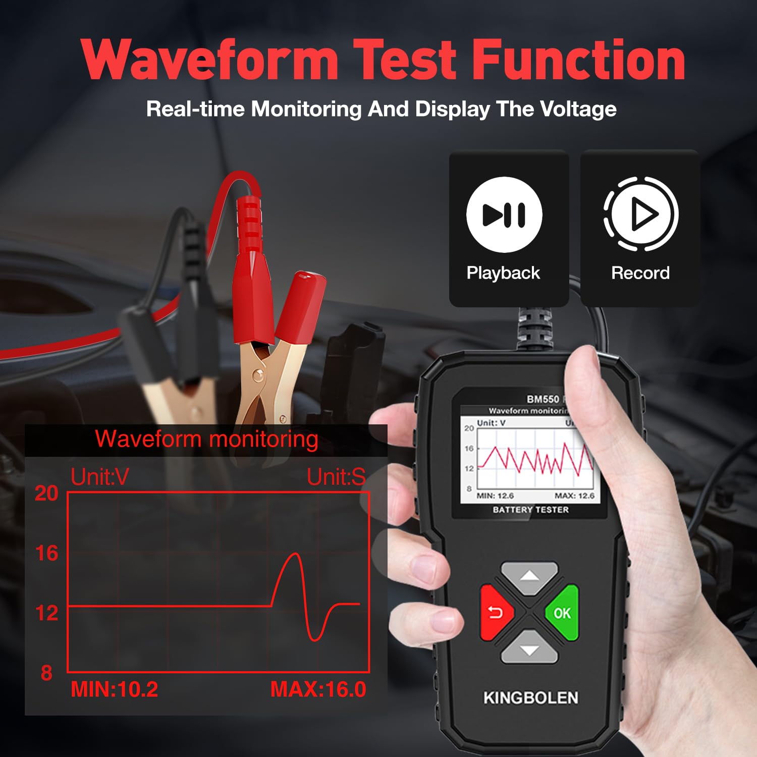 Imagen de KINGBOLEN Comprobador de baterias de coche 24V/12V/6V, BM550 PLUS 2-220Ah 100-2000 CCA Pantalla LED arrancador baterias coches comprobador de pilas para coche apto para automóviles motocicleta ATV SUV