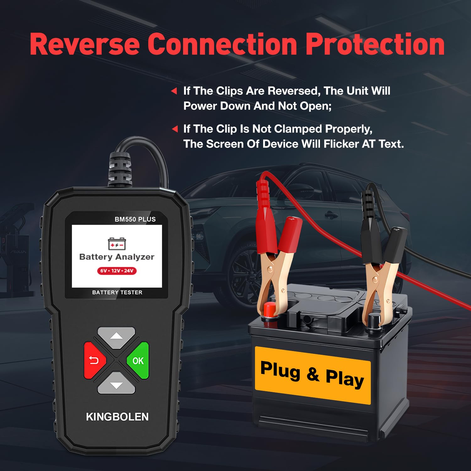 Imagen de KINGBOLEN Comprobador de baterias de coche 24V/12V/6V, BM550 PLUS 2-220Ah 100-2000 CCA Pantalla LED arrancador baterias coches comprobador de pilas para coche apto para automóviles motocicleta ATV SUV