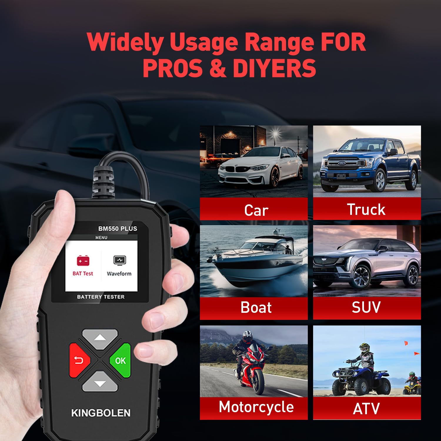 Imagen de KINGBOLEN Comprobador de baterias de coche 24V/12V/6V, BM550 PLUS 2-220Ah 100-2000 CCA Pantalla LED arrancador baterias coches comprobador de pilas para coche apto para automóviles motocicleta ATV SUV