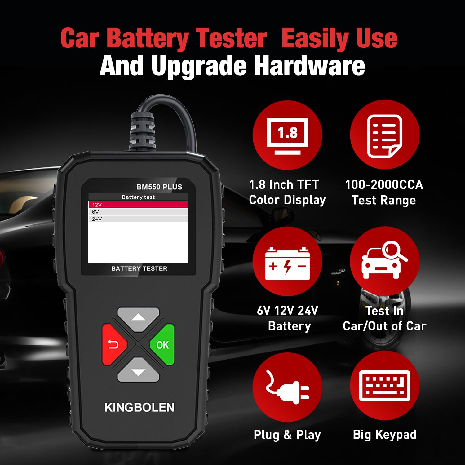 Imagen de KINGBOLEN Comprobador de baterias de coche 24V/12V/6V, BM550 PLUS 2-220Ah 100-2000 CCA Pantalla LED arrancador baterias coches comprobador de pilas para coche apto para automóviles motocicleta ATV SUV