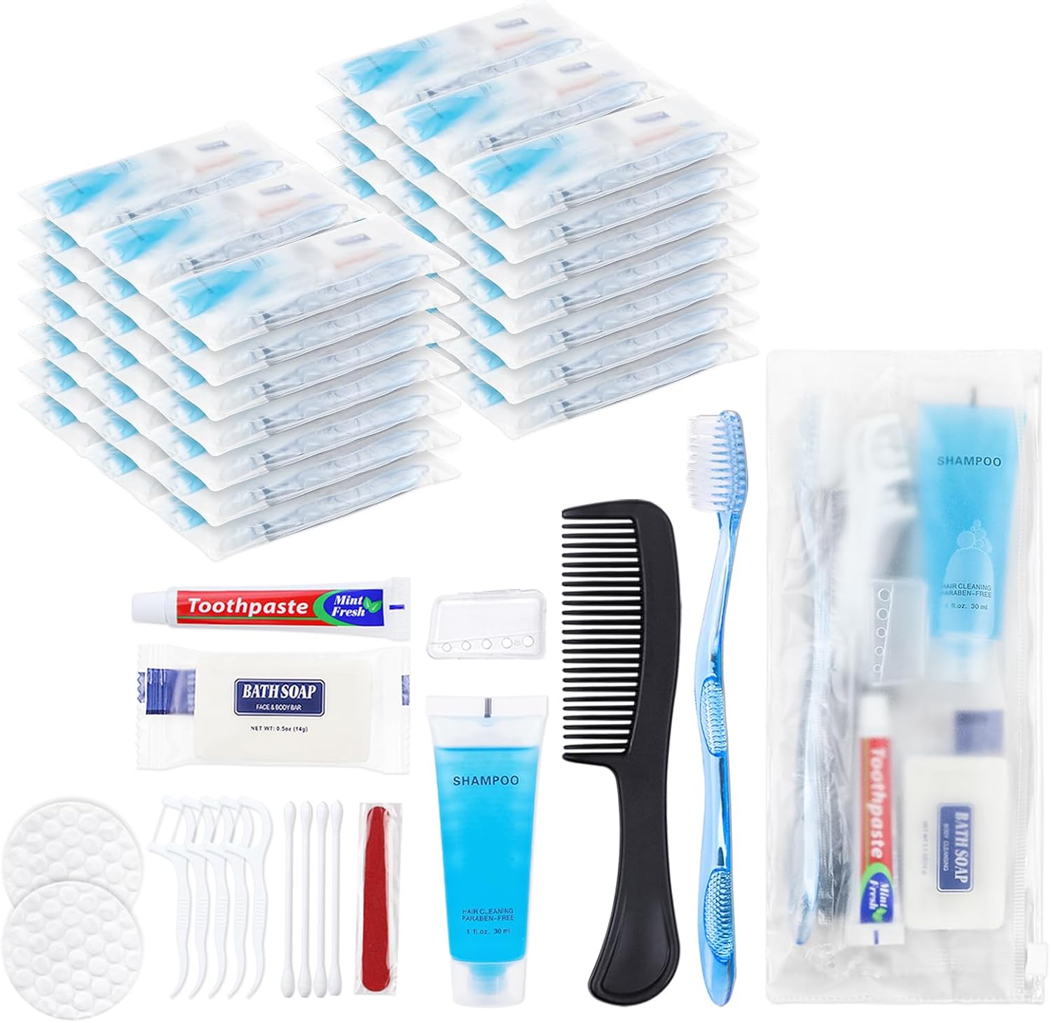 Imagen de Kit de aseo básico, empaquetado individualmente, kit de higiene personal a granel, suministros de cuidado para personas sin hogar, kit de aseo de tamaño de viaje para hombres y mujeres, bolsa