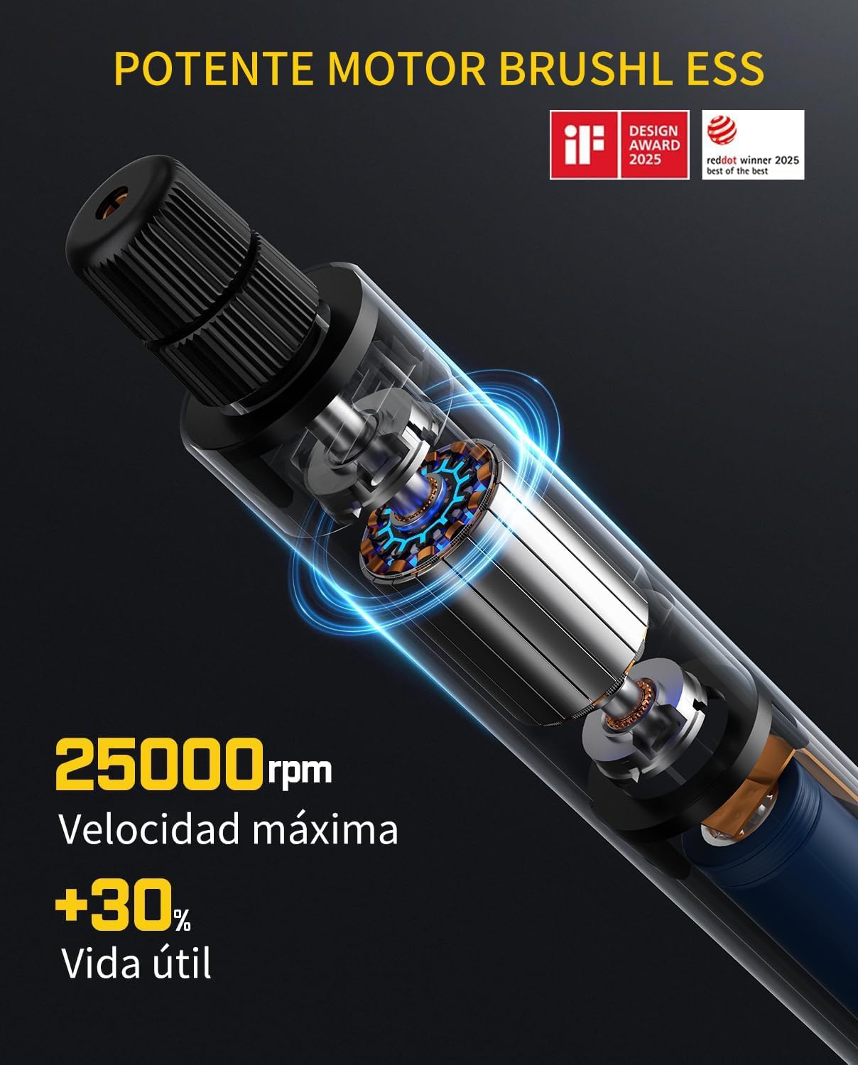 Imagen de Kit Herramienta Rotativa Inalámbrica Fanttik F2 Master Mini, Motor NeoPulse, 5 Velocidades, 25.000 RPM, 35 Accesorios Con Base Revostor, Grabador, Lijado 3D, Pulido, Perforación y DIY