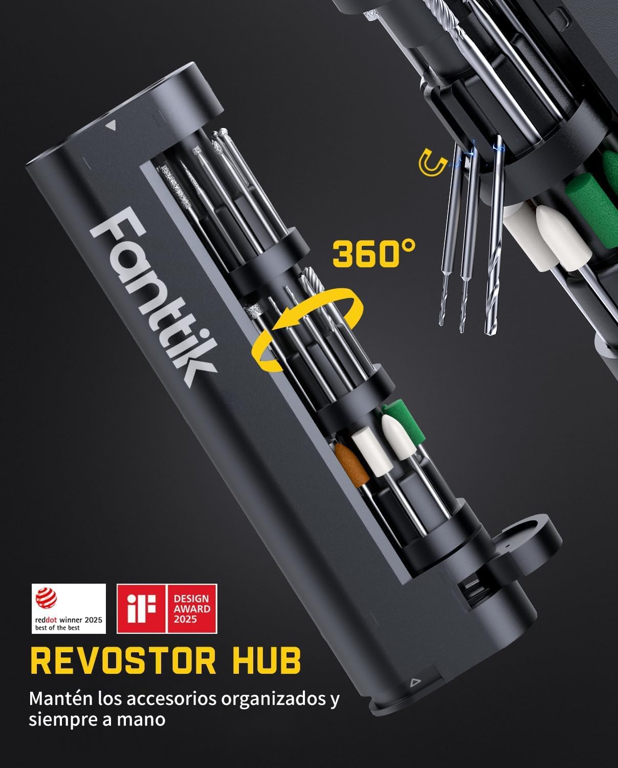 Imagen de Kit Herramienta Rotativa Inalámbrica Fanttik F2 Master Mini, Motor NeoPulse, 5 Velocidades, 25.000 RPM, 35 Accesorios Con Base Revostor, Grabador, Lijado 3D, Pulido, Perforación y DIY