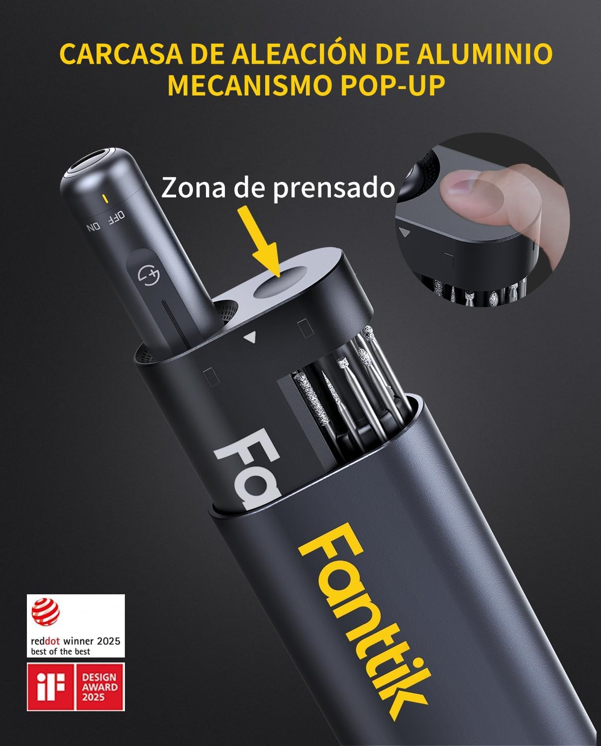 Imagen de Kit Herramienta Rotativa Inalámbrica Fanttik F2 Master Mini, Motor NeoPulse, 5 Velocidades, 25.000 RPM, 35 Accesorios Con Base Revostor, Grabador, Lijado 3D, Pulido, Perforación y DIY