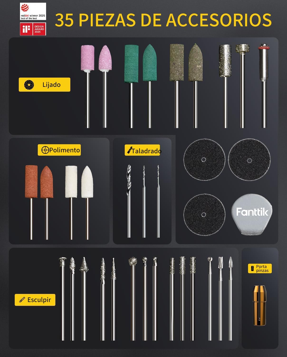 Imagen de Kit Herramienta Rotativa Inalámbrica Fanttik F2 Master Mini, Motor NeoPulse, 5 Velocidades, 25.000 RPM, 35 Accesorios Con Base Revostor, Grabador, Lijado 3D, Pulido, Perforación y DIY