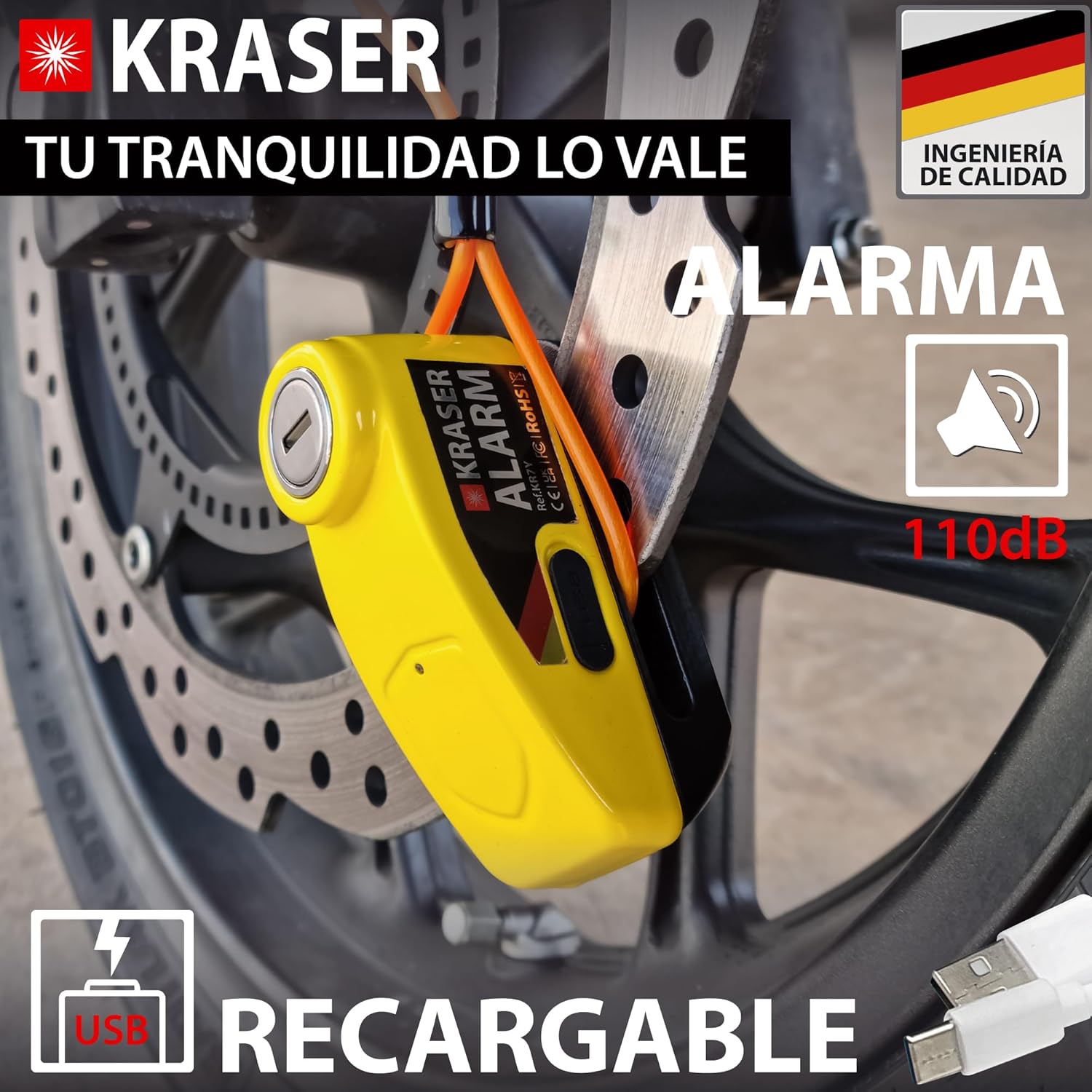 Imagen de KRASER KR7Y Candado Moto Disco con Alarma 110dB Batería Recargable USB, Sensor Movimiento, Impermeable Resistente Visible, Accesorios, Antirrobo Moto Cepo Pinza Freno Bloqueo 7mm Universal