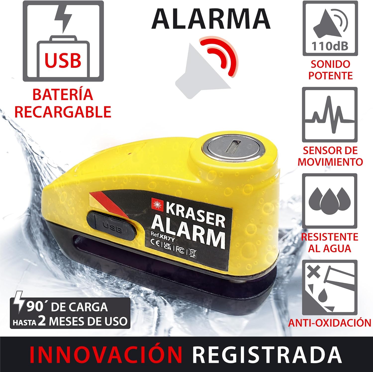 Imagen de KRASER KR7Y Candado Moto Disco con Alarma 110dB Batería Recargable USB, Sensor Movimiento, Impermeable Resistente Visible, Accesorios, Antirrobo Moto Cepo Pinza Freno Bloqueo 7mm Universal
