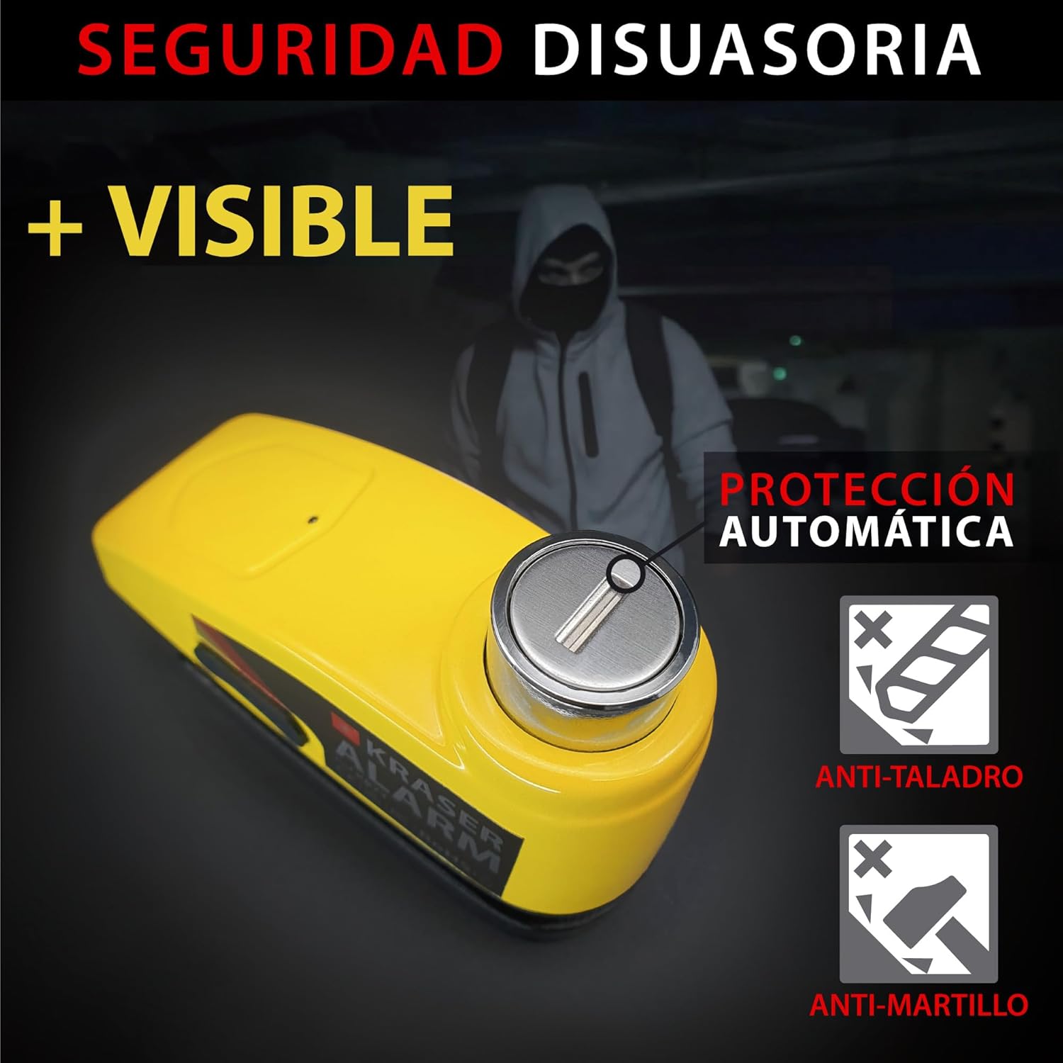 Imagen de KRASER KR7Y Candado Moto Disco con Alarma 110dB Batería Recargable USB, Sensor Movimiento, Impermeable Resistente Visible, Accesorios, Antirrobo Moto Cepo Pinza Freno Bloqueo 7mm Universal
