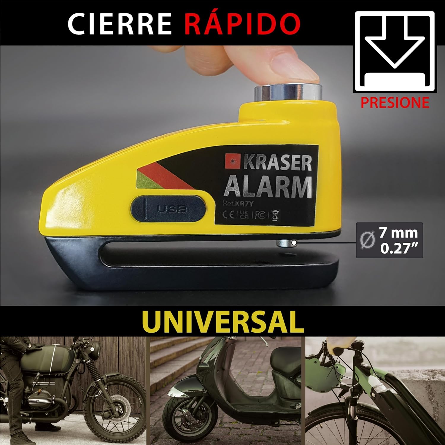 Imagen de KRASER KR7Y Candado Moto Disco con Alarma 110dB Batería Recargable USB, Sensor Movimiento, Impermeable Resistente Visible, Accesorios, Antirrobo Moto Cepo Pinza Freno Bloqueo 7mm Universal
