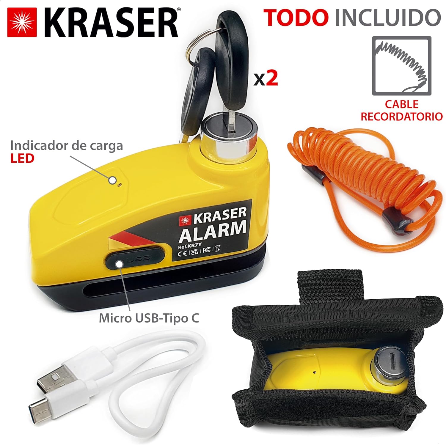 Imagen de KRASER KR7Y Candado Moto Disco con Alarma 110dB Batería Recargable USB, Sensor Movimiento, Impermeable Resistente Visible, Accesorios, Antirrobo Moto Cepo Pinza Freno Bloqueo 7mm Universal