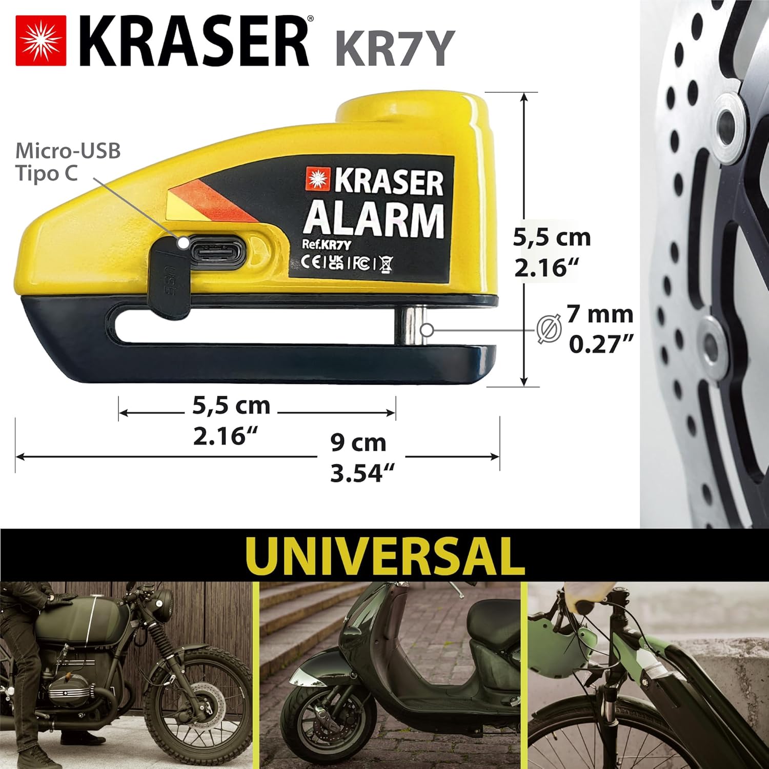 Imagen de KRASER KR7Y Candado Moto Disco con Alarma 110dB Batería Recargable USB, Sensor Movimiento, Impermeable Resistente Visible, Accesorios, Antirrobo Moto Cepo Pinza Freno Bloqueo 7mm Universal