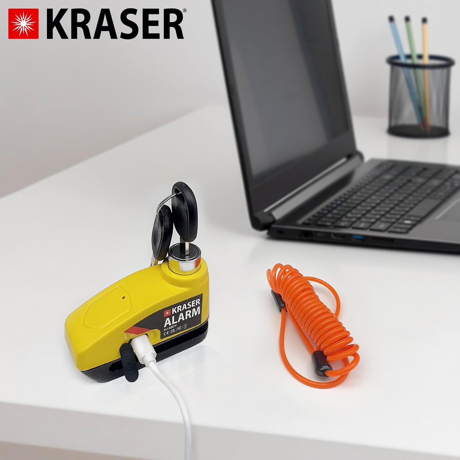 Imagen de KRASER KR7Y Candado Moto Disco con Alarma 110dB Batería Recargable USB, Sensor Movimiento, Impermeable Resistente Visible, Accesorios, Antirrobo Moto Cepo Pinza Freno Bloqueo 7mm Universal