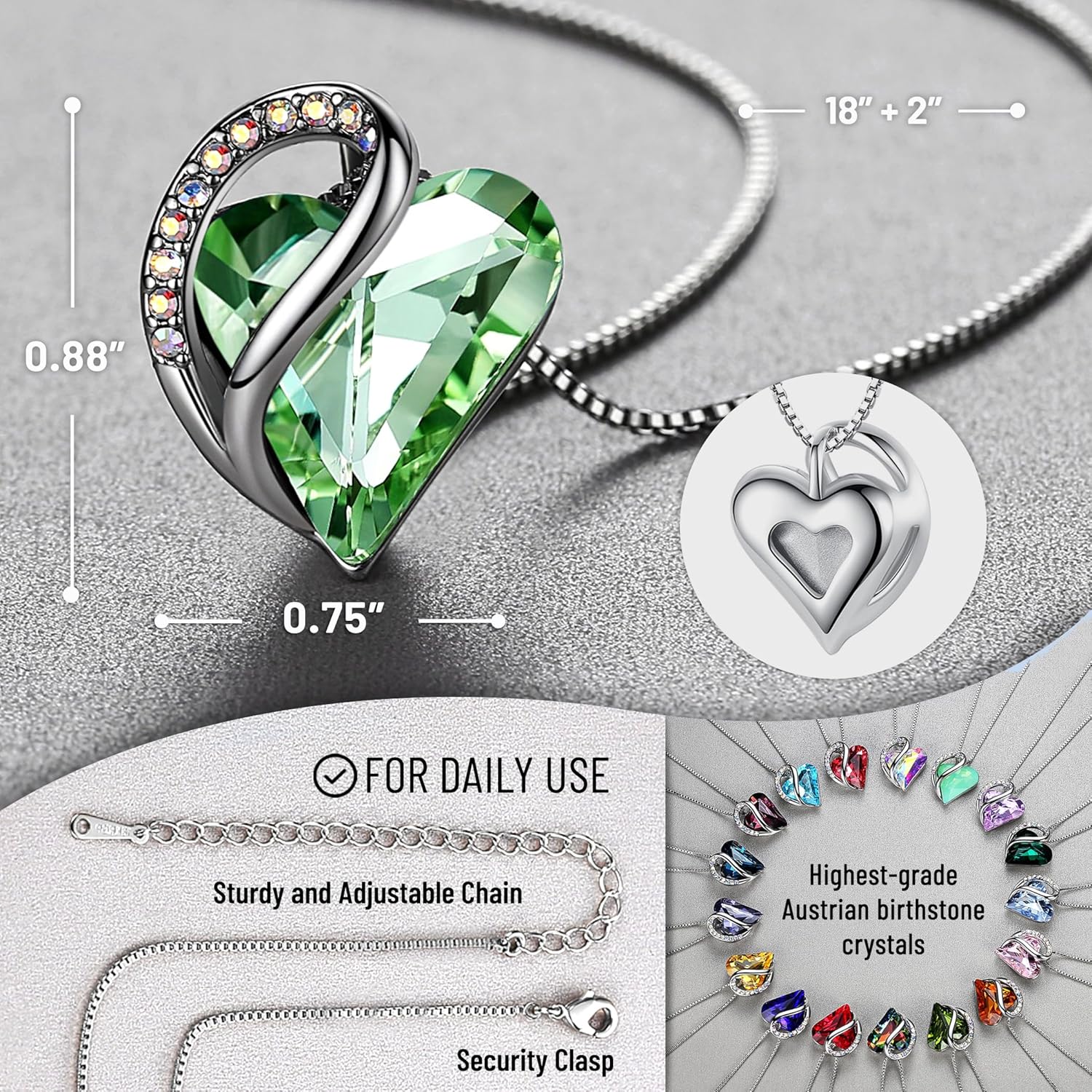 Imagen de Leafael San Valentín Collar Mujer Infinito Amor Corazón, Colgante con Piedra de Nacimiento y Cristales Curativos, Joyería Regalo para Mujer, Chapado en Plata, Cadena 18+2