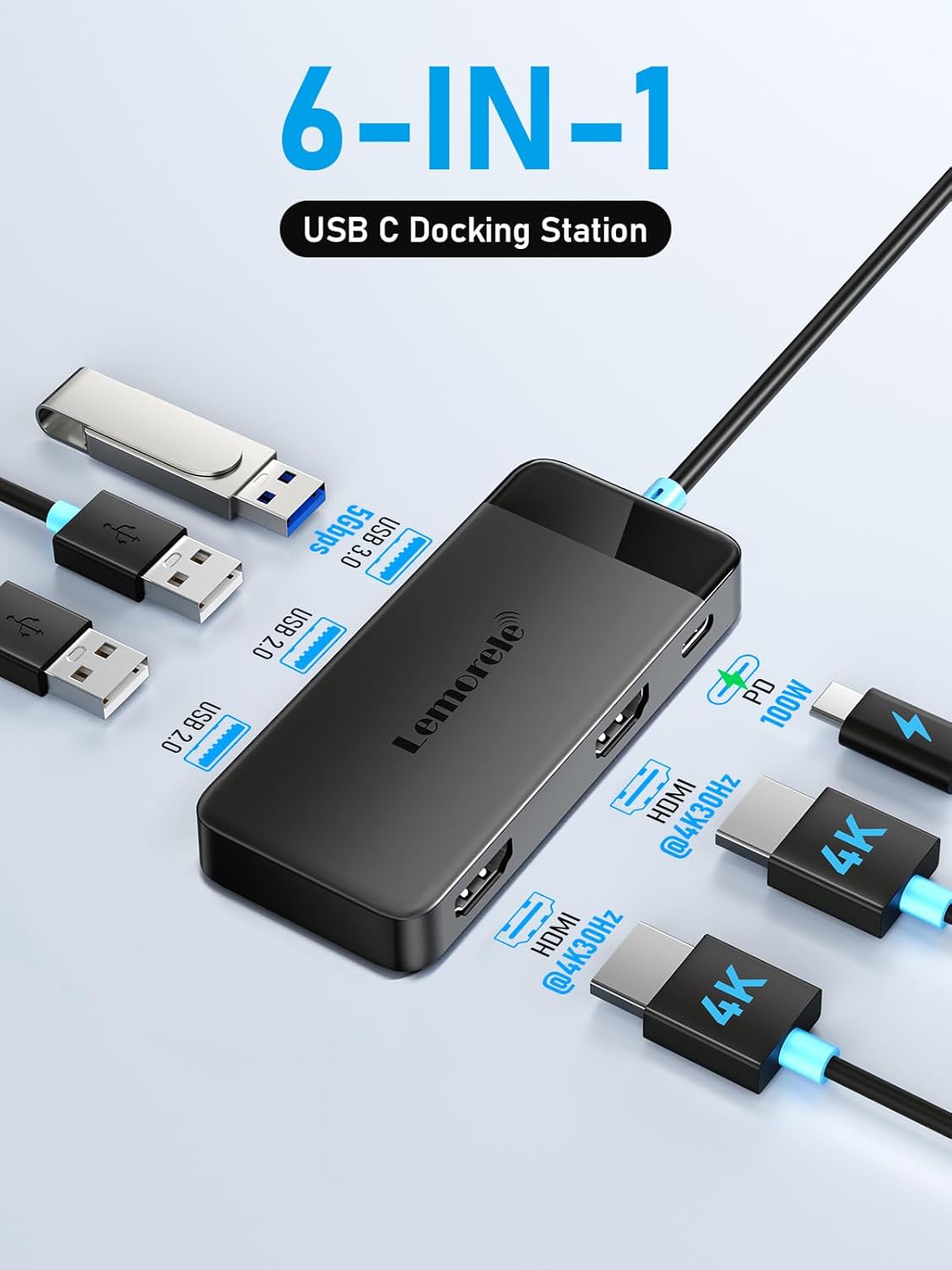Imagen de Lemorele Docking Station USB C - 6 en 1, Hub USB Dual Monitor con 2 HDMI 4K, 3 USB 3.0/2.0, PD 100W,Hub USB C/Docking Station for MacBook/DELL/Windows/HP/Surface