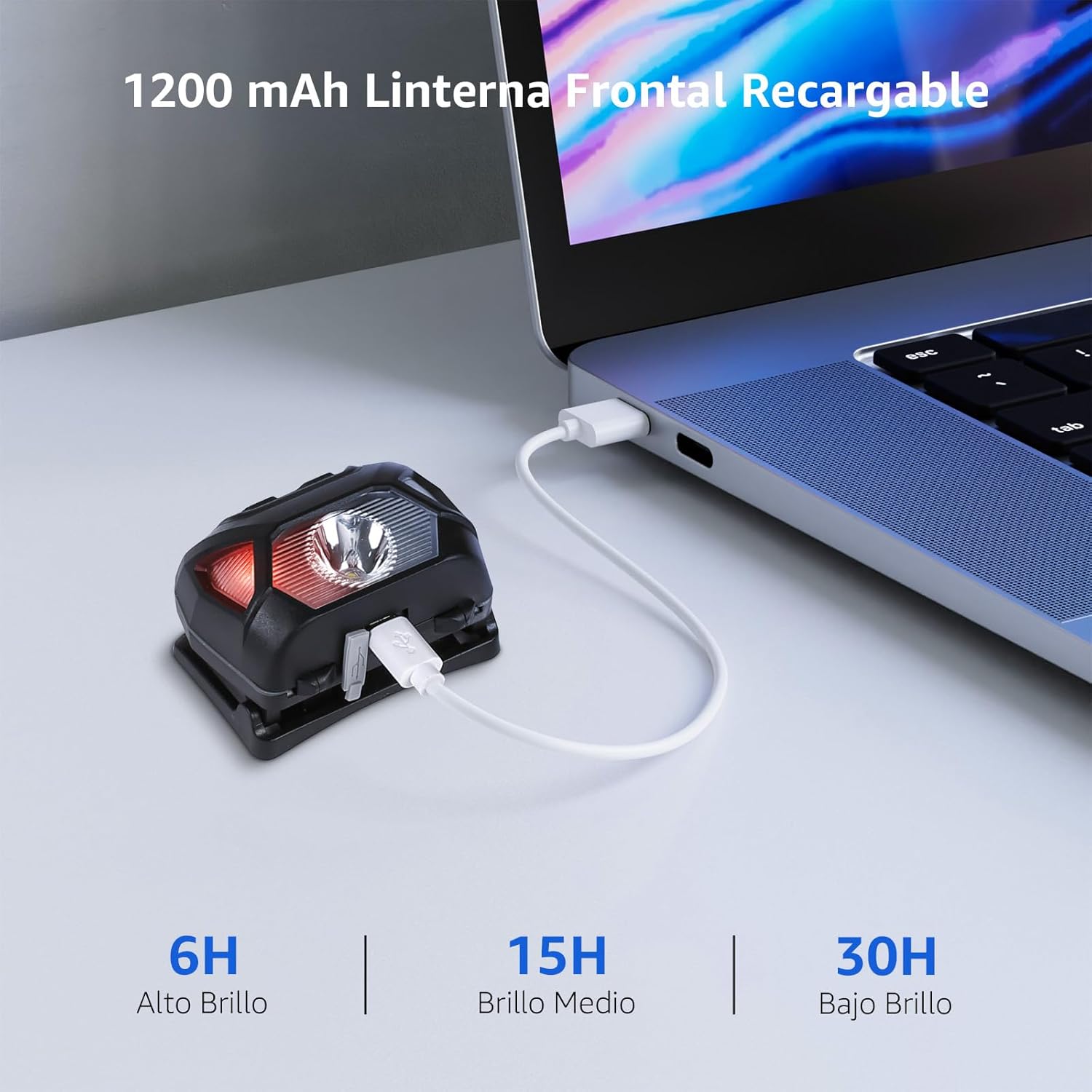Imagen de Lepro Linterna Frontal LED Recargable 2000lux, Linterna Cabeza USB Recargable D500, 6 Modos de Luz con Luz Rojo, Impermeable IPX4, Luz Frontal Cabeza para Correr, Camping, Excursión, Pesca