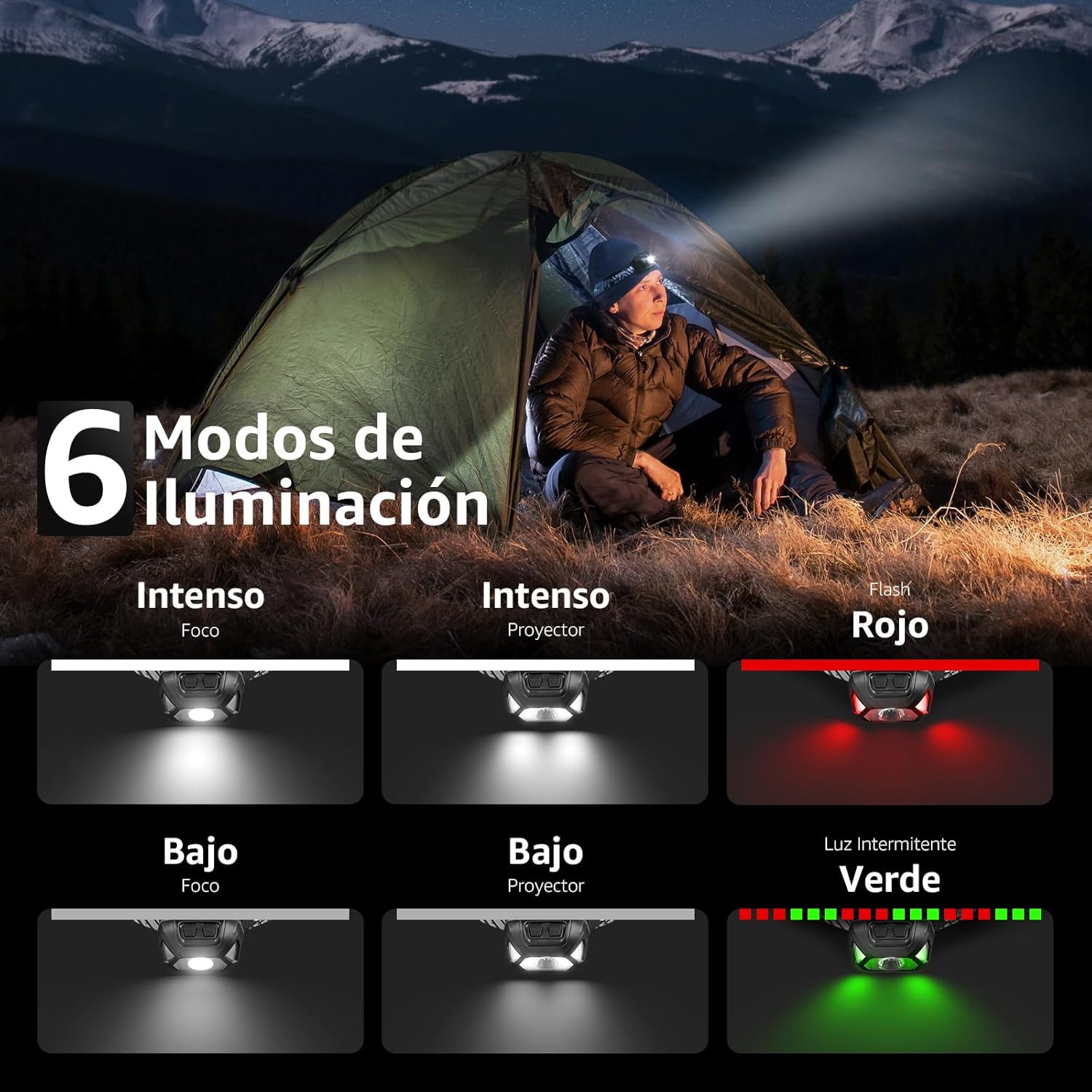 Imagen de Lepro Linterna Frontal LED Recargable 2000lux, Linterna Cabeza USB Recargable D500, 6 Modos de Luz con Luz Rojo, Impermeable IPX4, Luz Frontal Cabeza para Correr, Camping, Excursión, Pesca