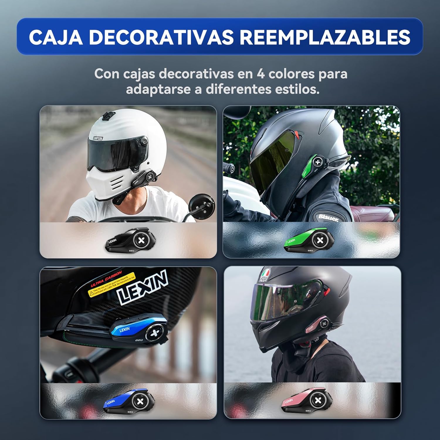 Imagen de LEXIN 2X G2P Intercomunicador Casco Moto Bluetooth con 4 Cubiertas Reemplazables, Sistema de Comunicación de 6 Vías para Motocicleta, Manos Libres para Motocicleta/ATV/Motonieve