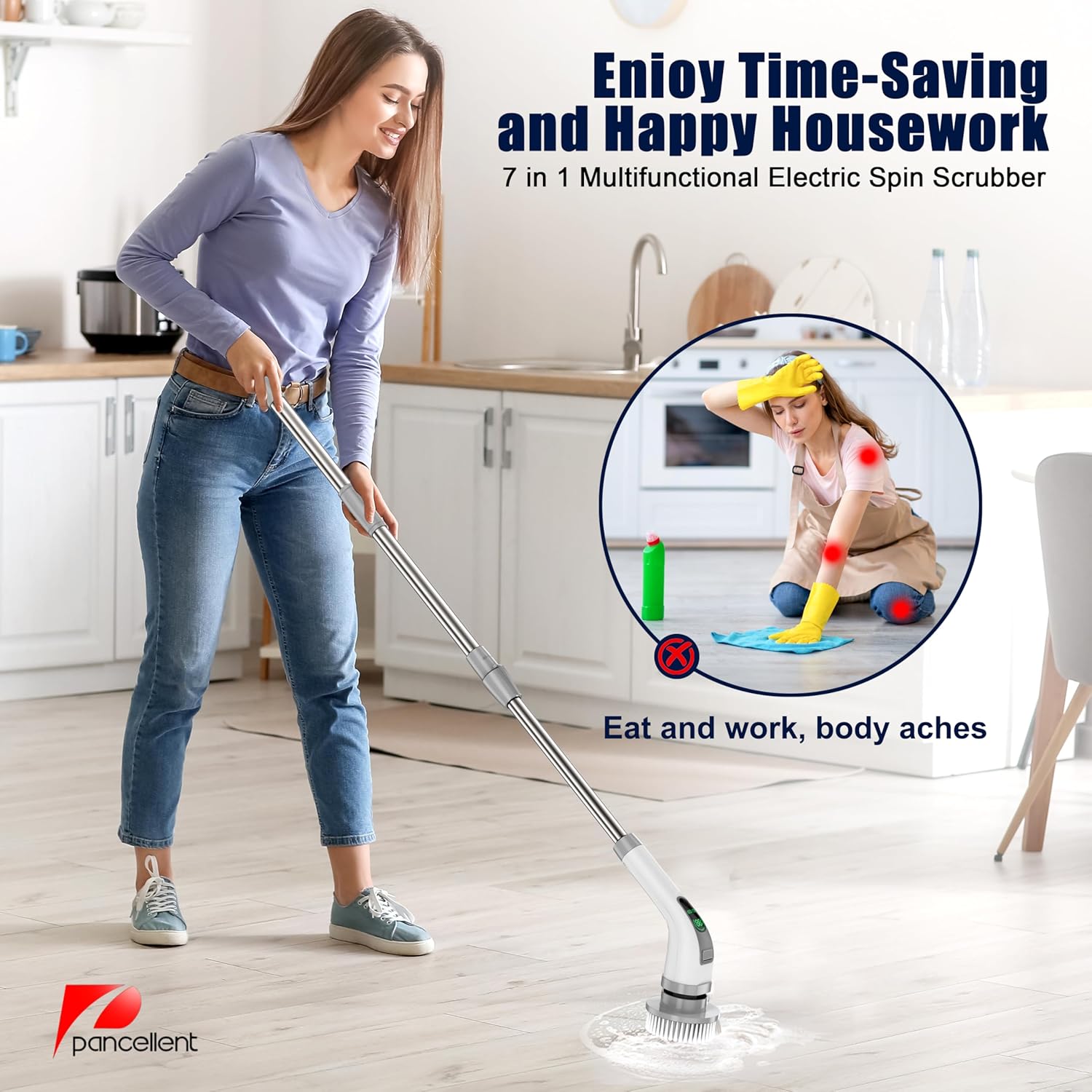 Imagen de Limpiador Giratorio eléctrico, Cepillo de Limpieza eléctrico 7 en 1, Limpieza Potente de 360 RPM, depurador de baño de 1.5 Horas de Doble Velocidad con Brazo de extensión para Cocina, Coche, Azulejos