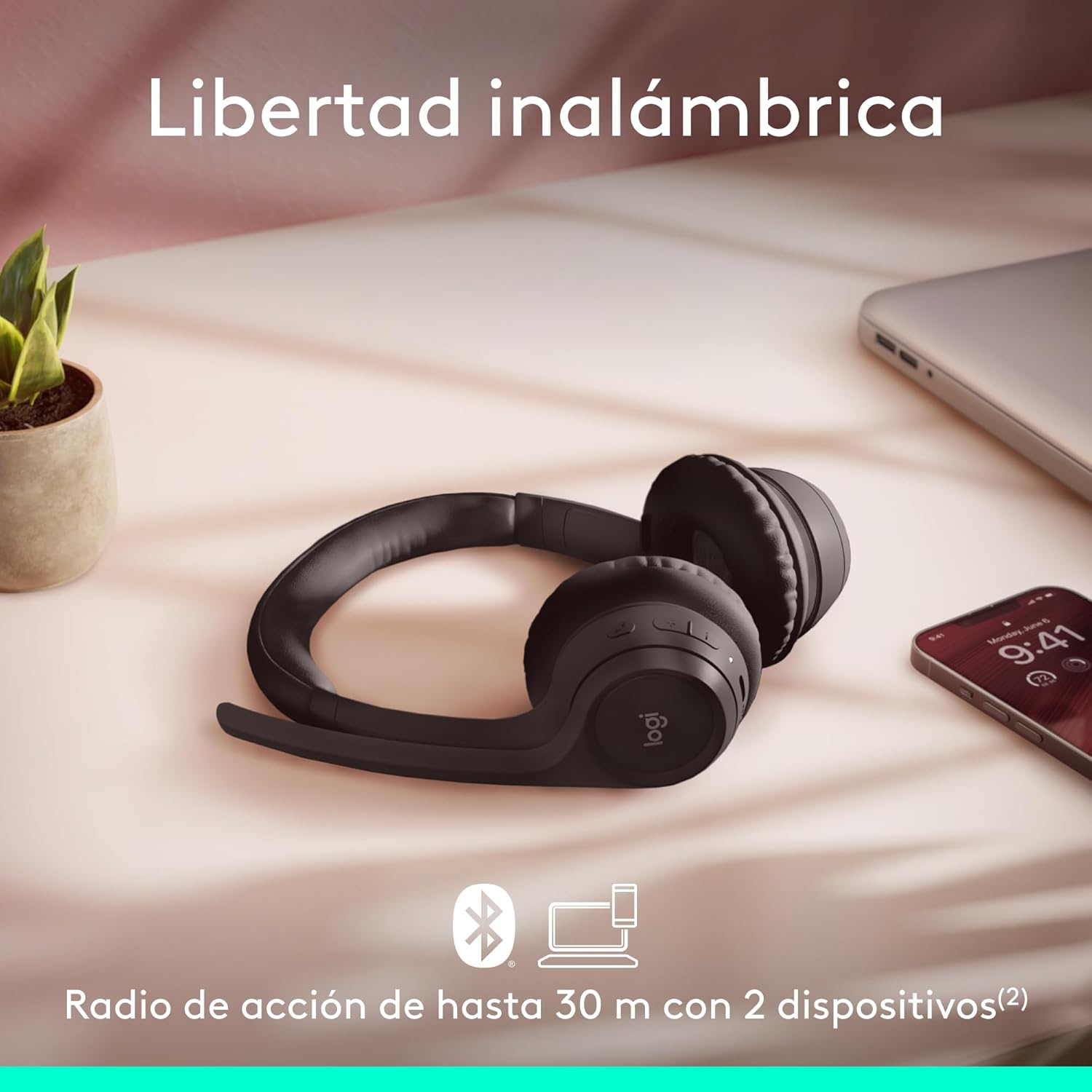 Imagen de Logitech Zone 300, Auriculares con micrófono Bluetooth inalámbricos con cancelación de Ruido, compatibles con Windows, Mac, Chrome, Linux, iOS, iPadOS, Android - Negro