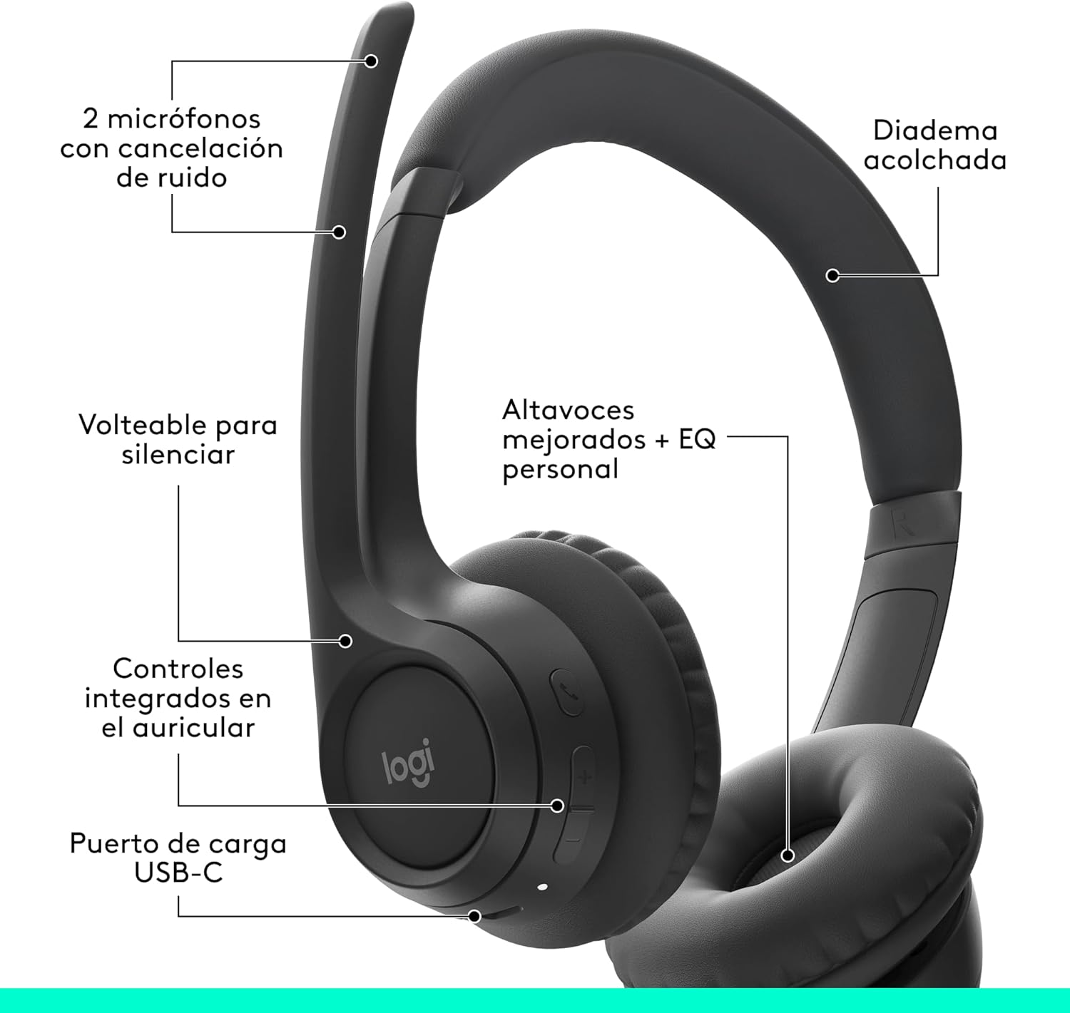 Imagen de Logitech Zone 300, Auriculares con micrófono Bluetooth inalámbricos con cancelación de Ruido, compatibles con Windows, Mac, Chrome, Linux, iOS, iPadOS, Android - Negro