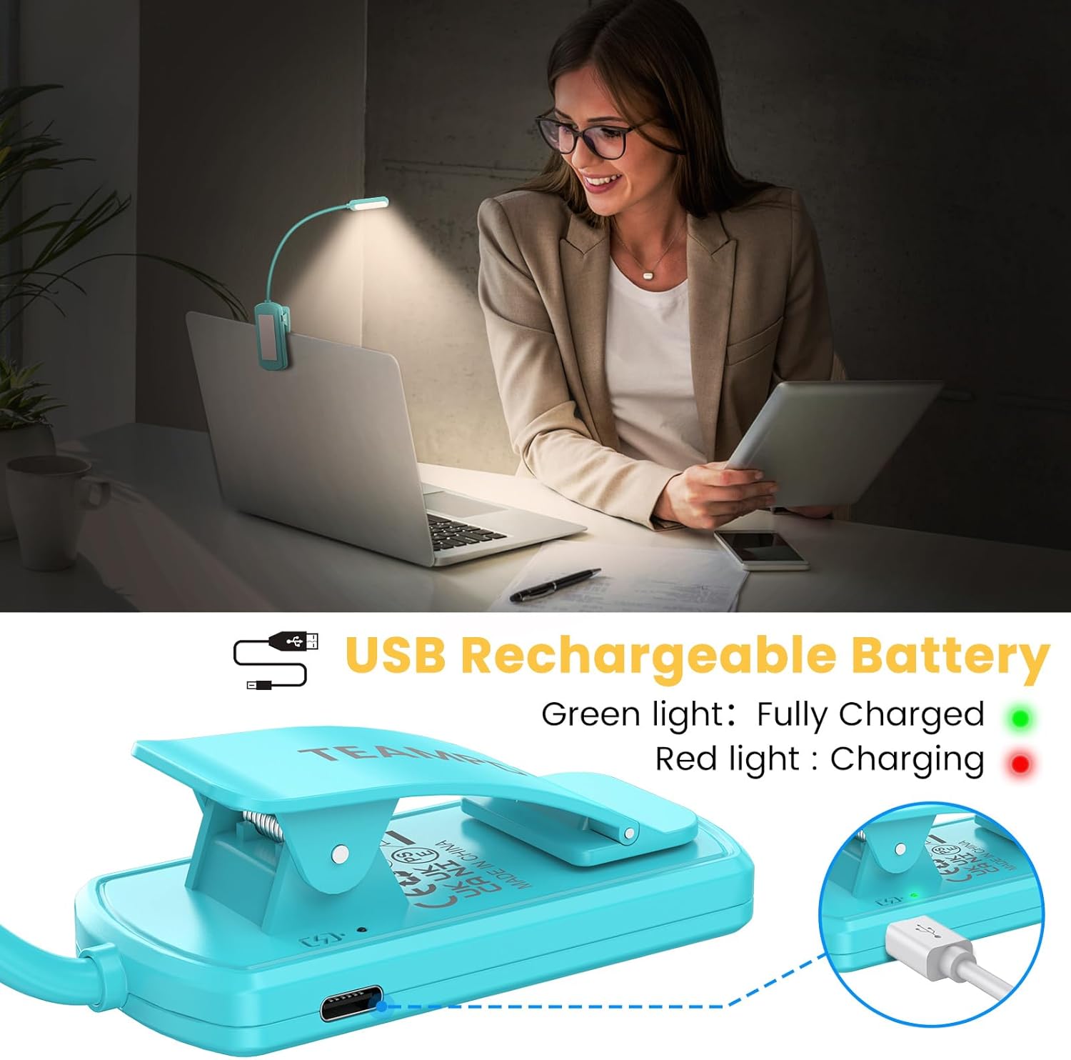 Imagen de Luz Lectura, TEAMPD Lampara de Lectura USB Recargable de 360° Flexible con 10 LEDS 3 Modos de Luz (Luz Cálido y Blanco) Luz de Lectura para Lectores Noche, E-Reader, Tablet, Estudio, Cama, Libro,Viaje