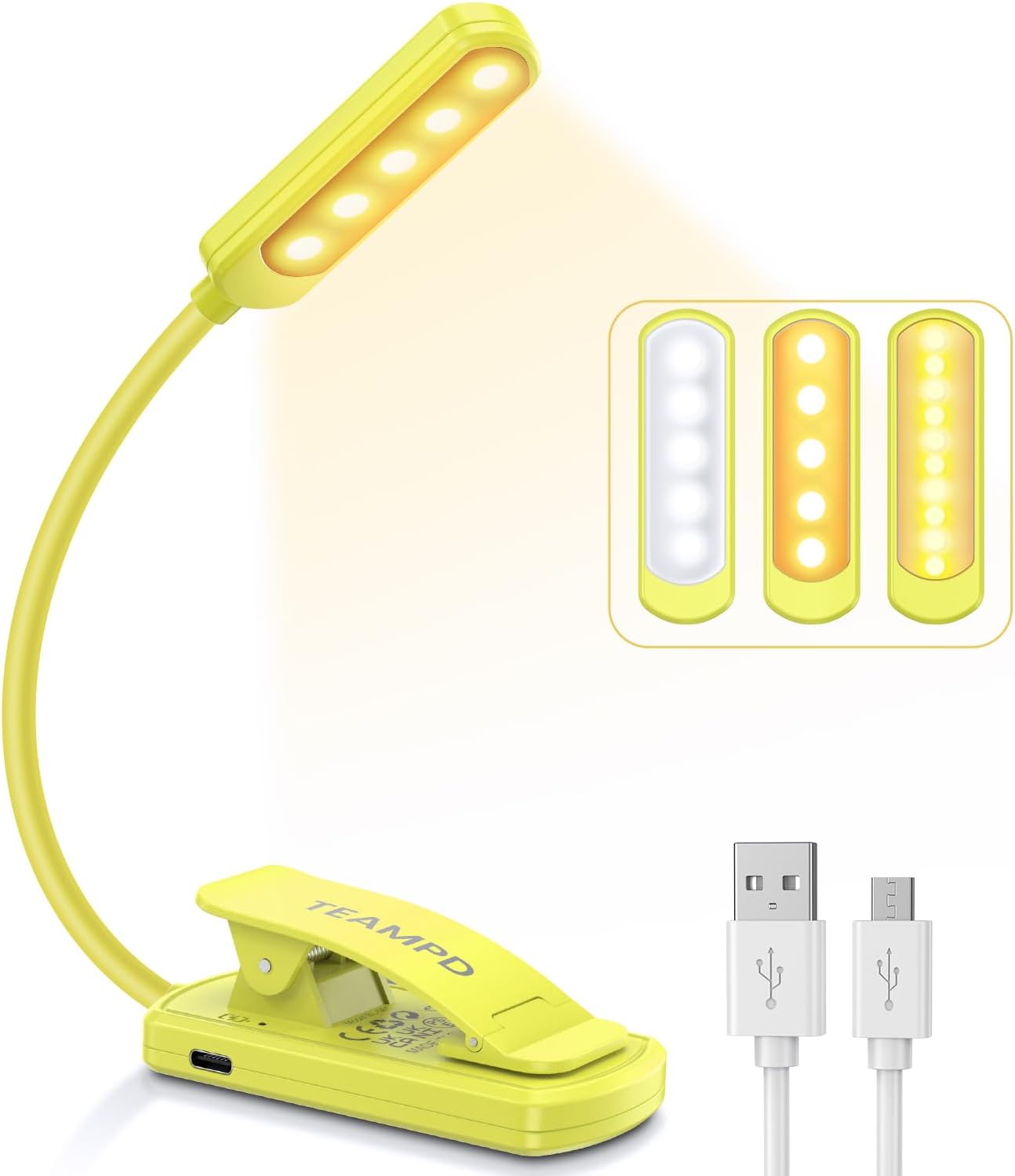 Imagen de Luz Lectura, TEAMPD Lampara de Lectura USB Recargable de 360° Flexible con 10 LEDS 3 Modos de Luz (Luz Cálido y Blanco) Luz de Lectura para Lectores Noche, E-Reader, Tablet, Estudio, Cama, Libro,Viaje