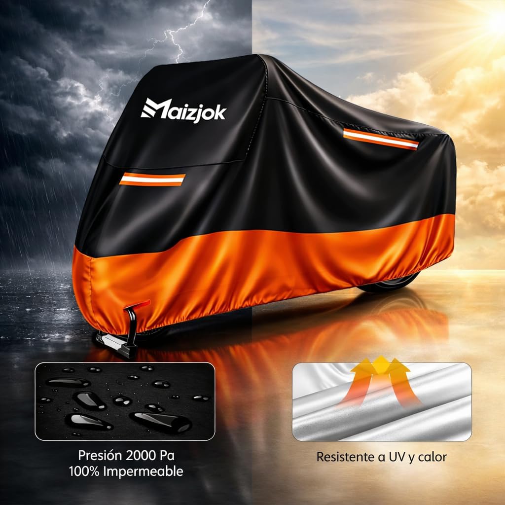 Imagen de Maizjok® Funda Moto Impermeable, Cubierta Moto Exterior Interior 210D Poliéster, Capa Protector Lluvia y UV para Cubre Motocicleta Calle/Deportiva/Aventure/Cruiser/Touring XXL Grande (275x105x125 cm)