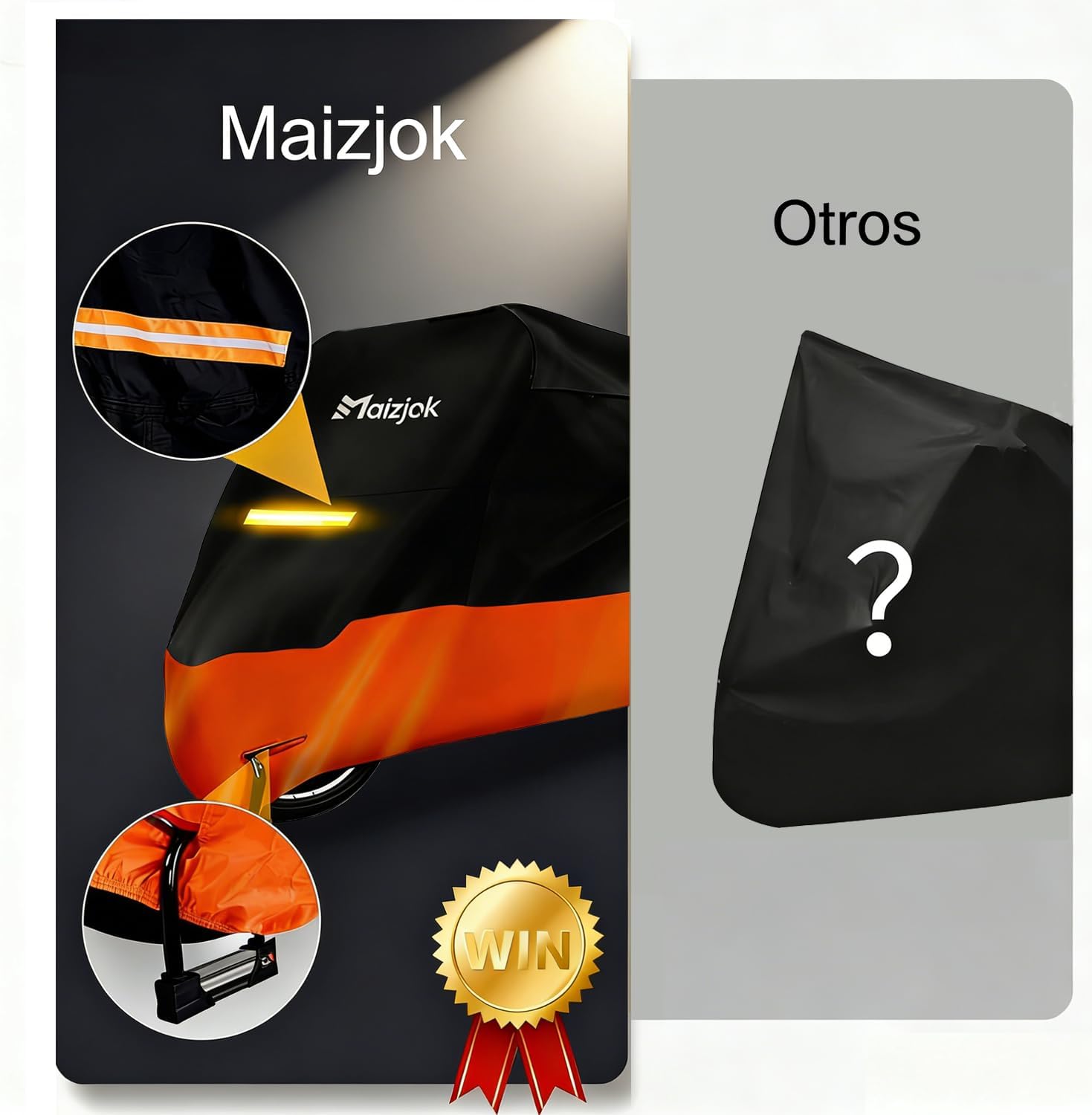 Imagen de Maizjok® Funda Moto Impermeable, Cubierta Moto Exterior Interior 210D Poliéster, Capa Protector Lluvia y UV para Cubre Motocicleta Calle/Deportiva/Aventure/Cruiser/Touring XXL Grande (275x105x125 cm)