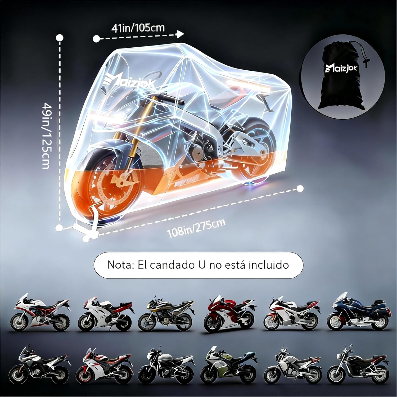 Imagen de Maizjok® Funda Moto Impermeable, Cubierta Moto Exterior Interior 210D Poliéster, Capa Protector Lluvia y UV para Cubre Motocicleta Calle/Deportiva/Aventure/Cruiser/Touring XXL Grande (275x105x125 cm)